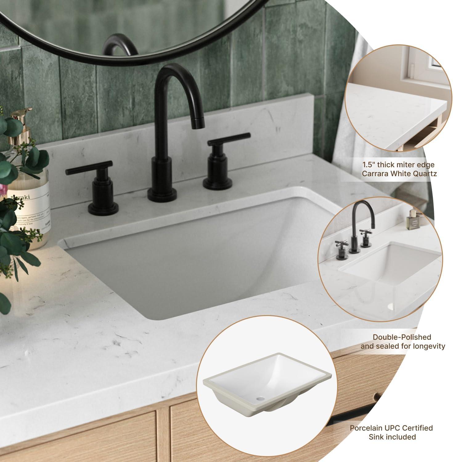 Tidworth 66'' Solid Wood Double Bathroom Vanity with 1.5'' Carrara Quartz Top, Rectangular Sinks