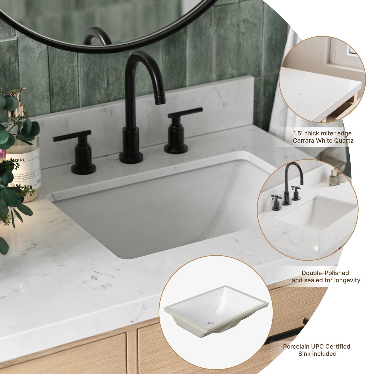 Tidworth 66'' Solid Wood Double Bathroom Vanity with 1.5'' Carrara Quartz Top, Rectangular Sinks