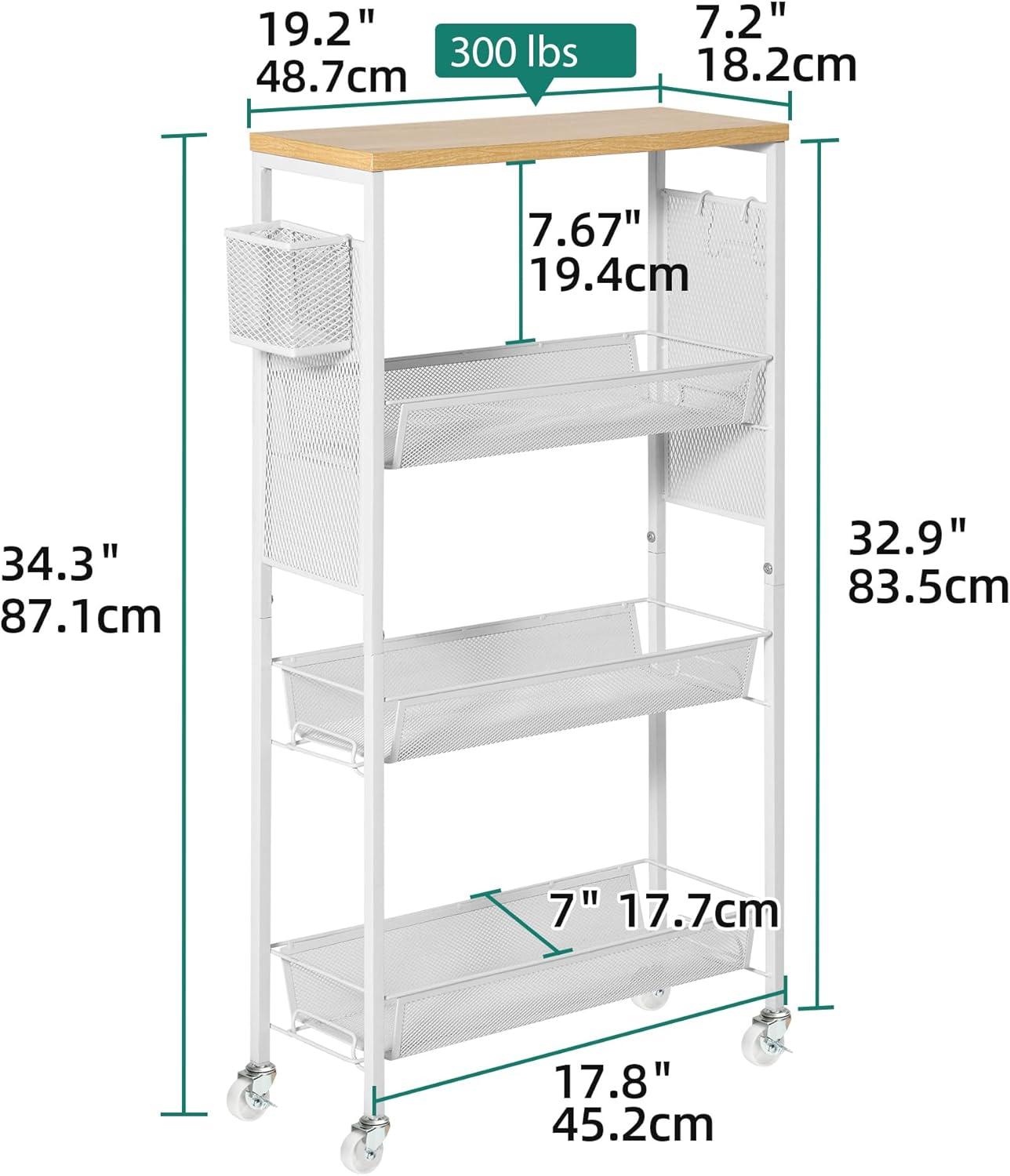 DWVO 4-Tier Slim Rolling Cart on Wheels, 34" Wooden Tabletop Kitchen Storage Organizer Cart with Wire Mesh Baskets, Slide-Out Storage Cart for Kitchen, Bathroom Living Room (White)