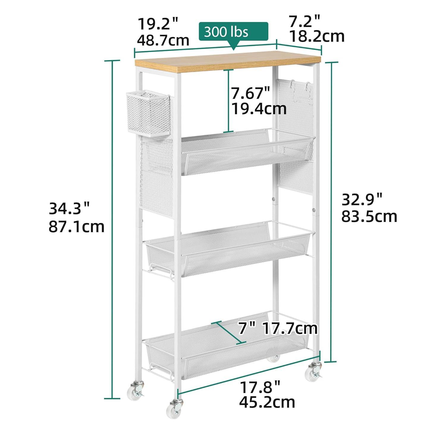 DWVO 4-Tier Slim Rolling Cart on Wheels, 34" Wooden Tabletop Kitchen Storage Organizer Cart with Wire Mesh Baskets, Slide-Out Storage Cart for Kitchen, Bathroom Living Room (White)