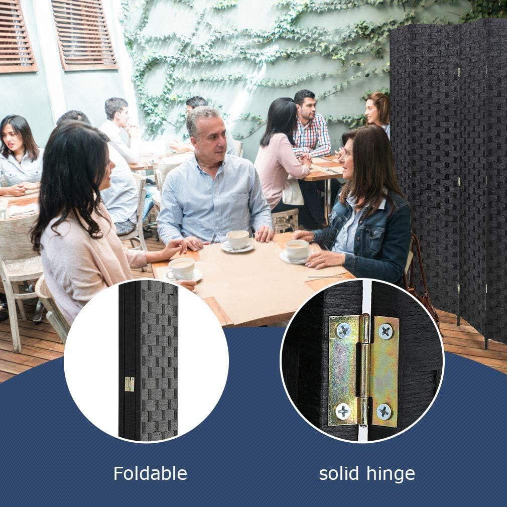 Black 4-Panel Foldable Woven Wood Privacy Screen