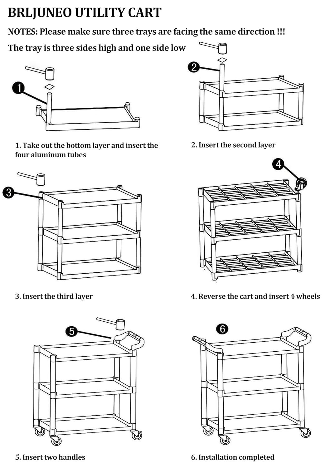 Service Cart Heavy Duty 3-Shelf Rolling Utility/Push Cart with Lockable Wheels, 360 lbs. Capacity, for Foodservice/Restaurant/Cleaning