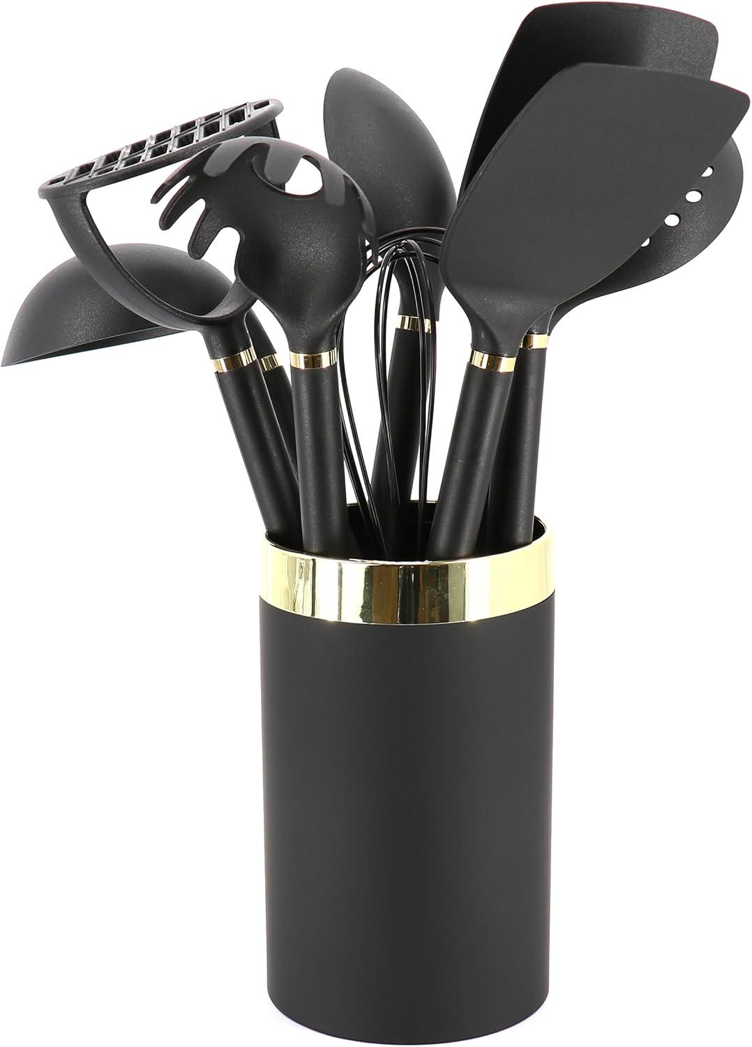 Gibson Home Hampsbridge 10 Piece Nylon Kitchen Tool Set and Utensil Crock in Black and Gold