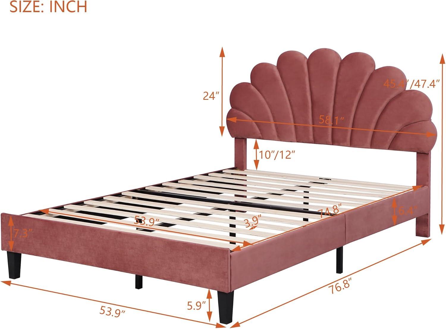 Harper & Bright Designs Full Size Upholstered Platform Bed Frame with Flower Pattern Velvet Headboard, Bean paste red