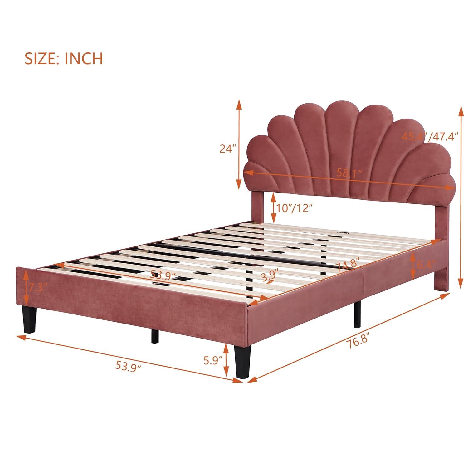 Harper & Bright Designs Full Size Upholstered Platform Bed Frame with Flower Pattern Velvet Headboard, Bean paste red