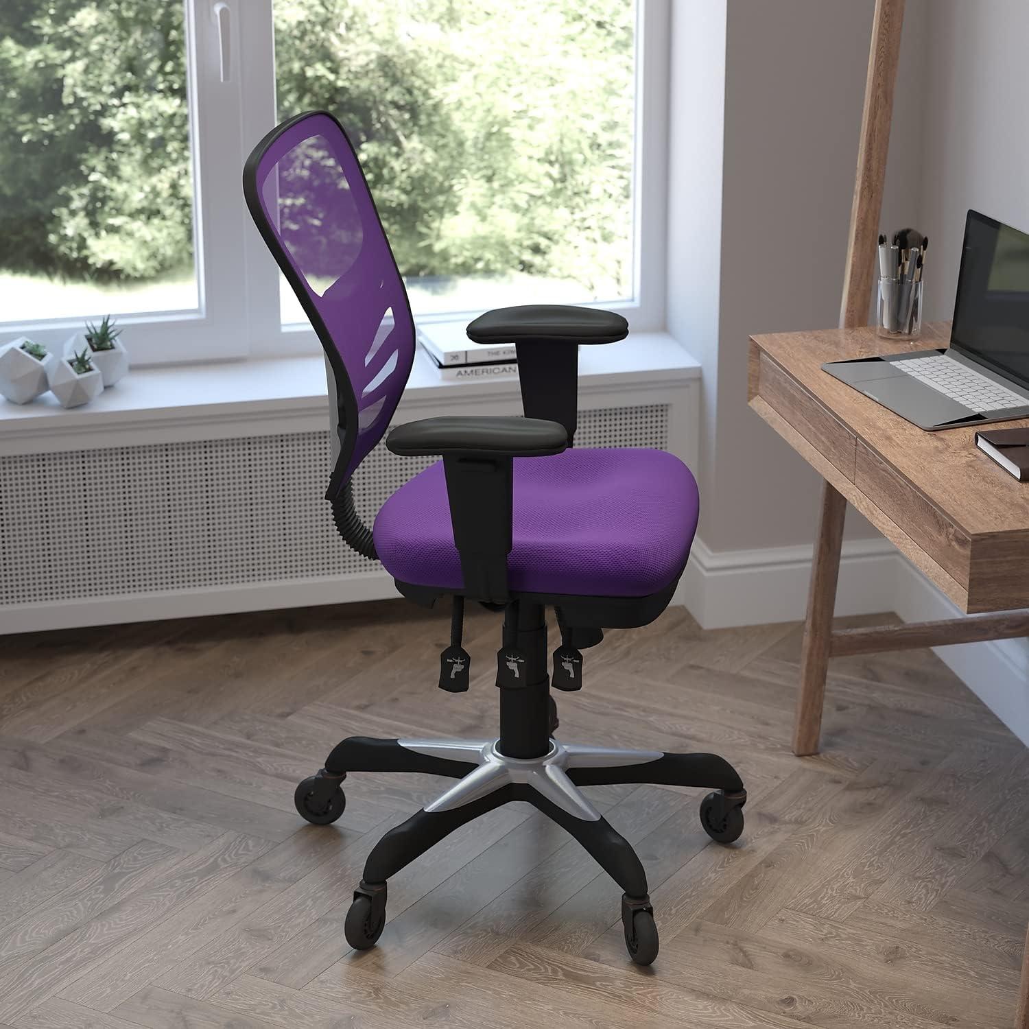 Flash Furniture Nicholas Mid-Back Purple Mesh Multifunction Executive Swivel Ergonomic Office Chair with Adjustable Arms and Transparent Roller Wheels