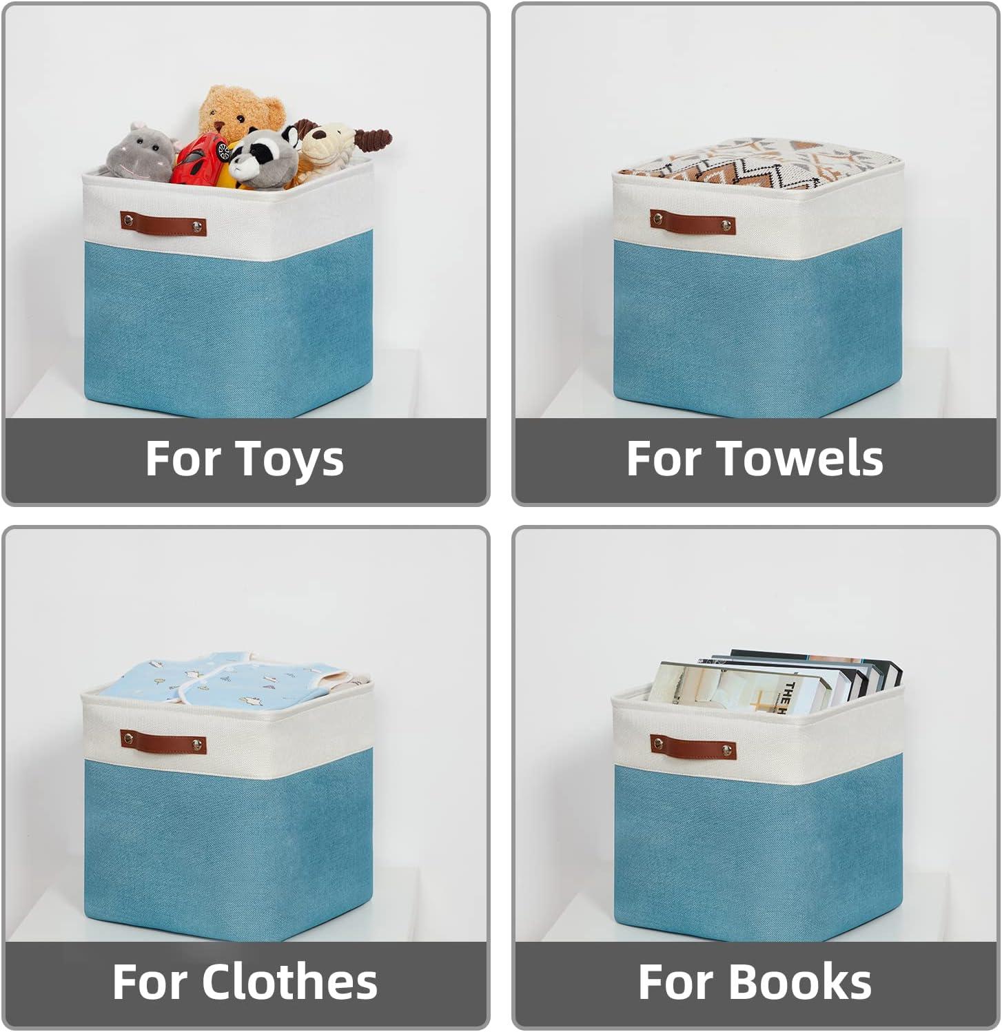 Tegance 13x13 Storage Cubes Baskets 4 Pack Fabric Cube Storage Bins Large Storage Baskets with Leather Handles,Decorative Storage Boxes for Organizing Shelves(WhiteGreen)