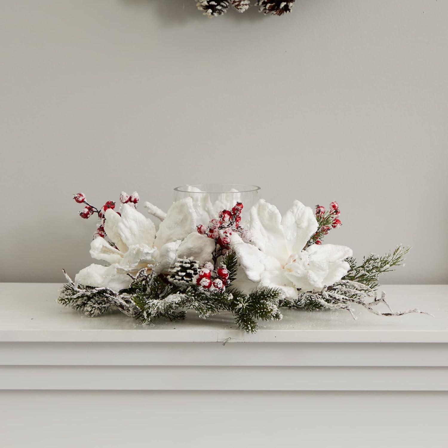 6.5" x 17" Artificial Frosted Magnolia and Berry Plant Arrangement Candelabrum - Nearly Natural: Christmas Decor Centerpiece