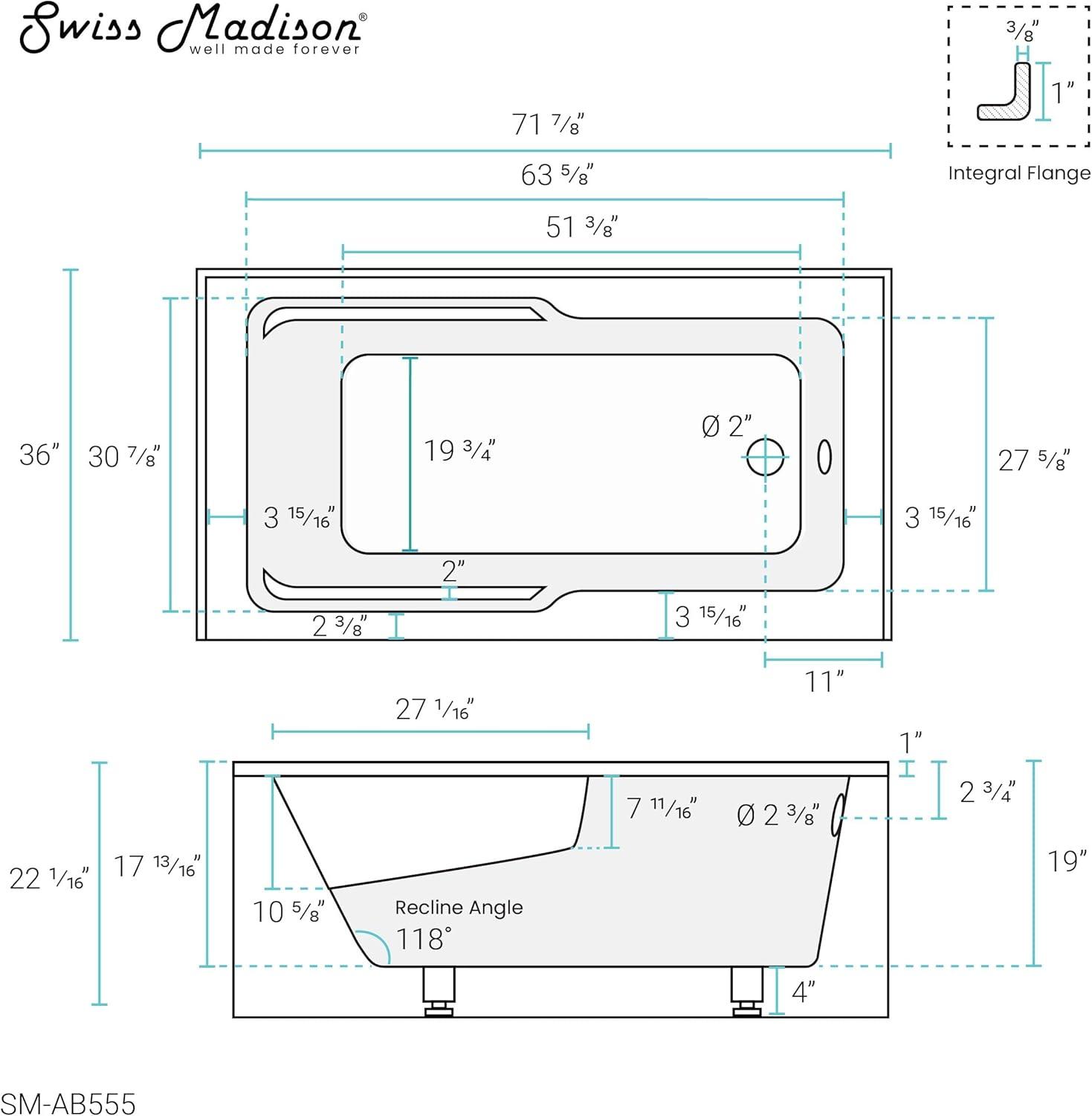 Voltaire 72" x 36" Alcove Bathtub with Apron and Armrest