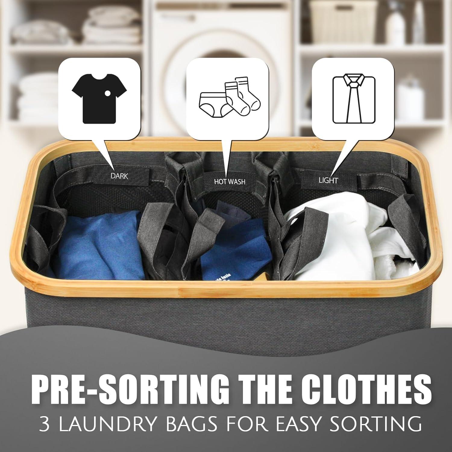 JASODI Laundry Hamper with Lid, 160L Extra Large Laundry Basket 3 Section Dirty Clothes Hamper for Laundry with Removable Laundry Bags