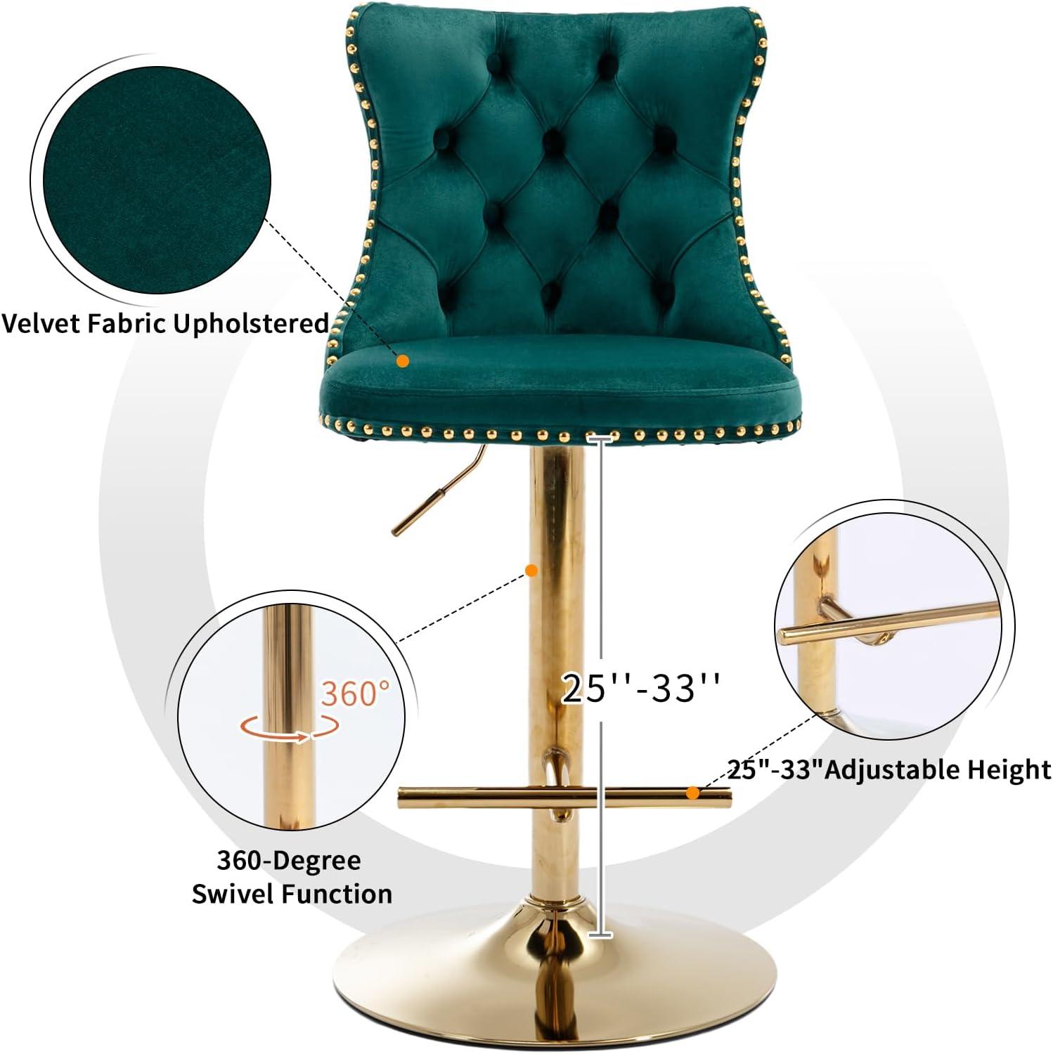 Swivel Counter Height Bar Stools Set of 2, Green Kitchen Island Barstools, Velvet Adjustable Bar Height Stool Chairs, Tufted Back, Gold Metal Base, Sillas para Barra de Cocina (Green, Velvet, 2 Pcs)