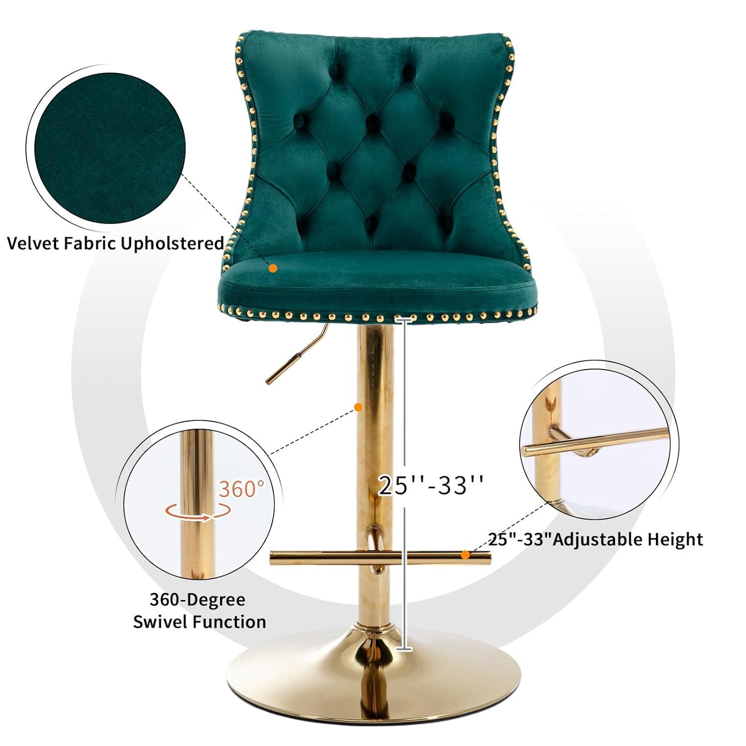 Swivel Counter Height Bar Stools Set of 2, Green Kitchen Island Barstools, Velvet Adjustable Bar Height Stool Chairs, Tufted Back, Gold Metal Base, Sillas para Barra de Cocina (Green, Velvet, 2 Pcs)