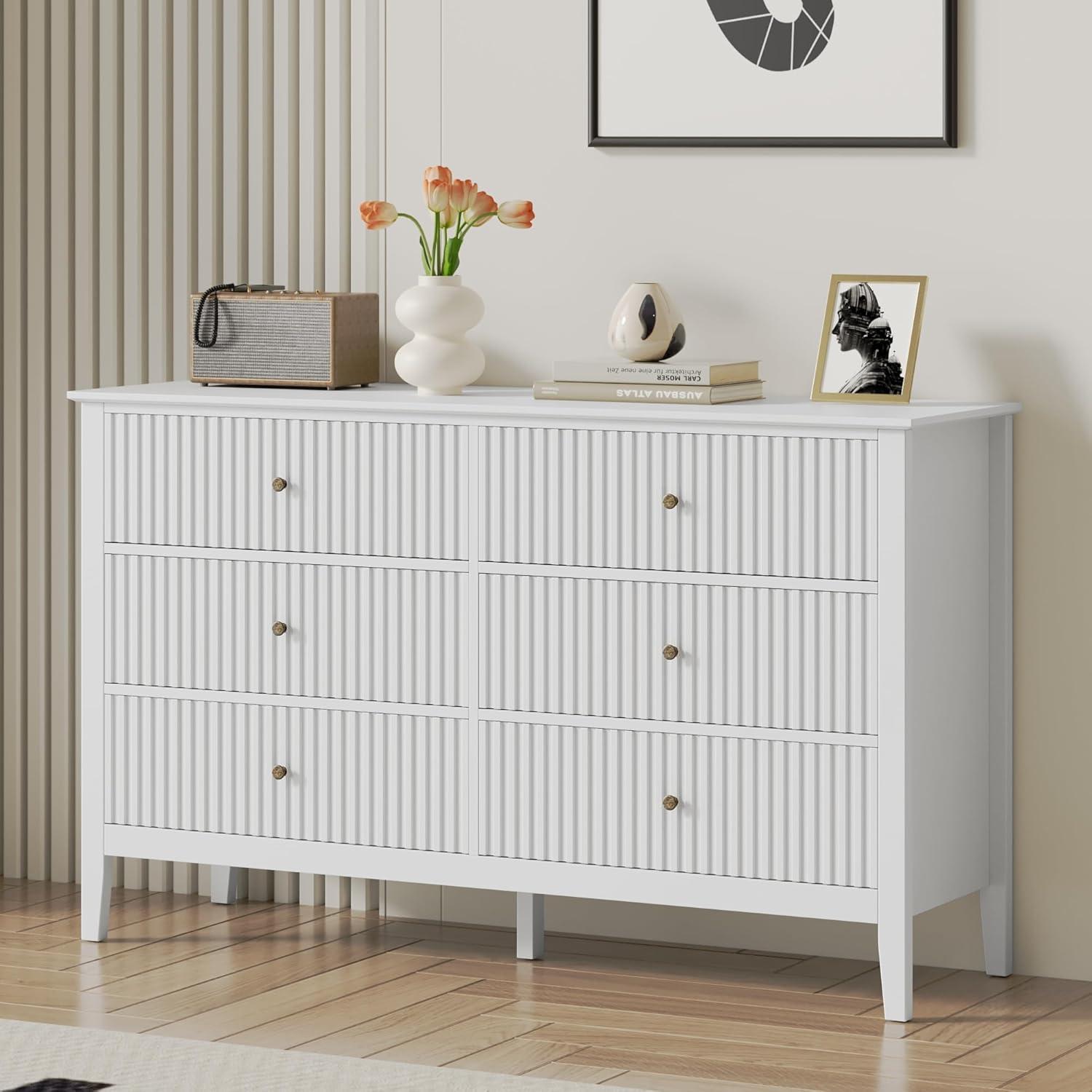 RoyalCraft White Fluted 6 Drawer Dresser for Bedroom, Modern Chest of Drawers, Wood Dresser for Storage Clothes, Wooden Storage Cabinet for Bedroom, Hallway, Living Room, Entryway