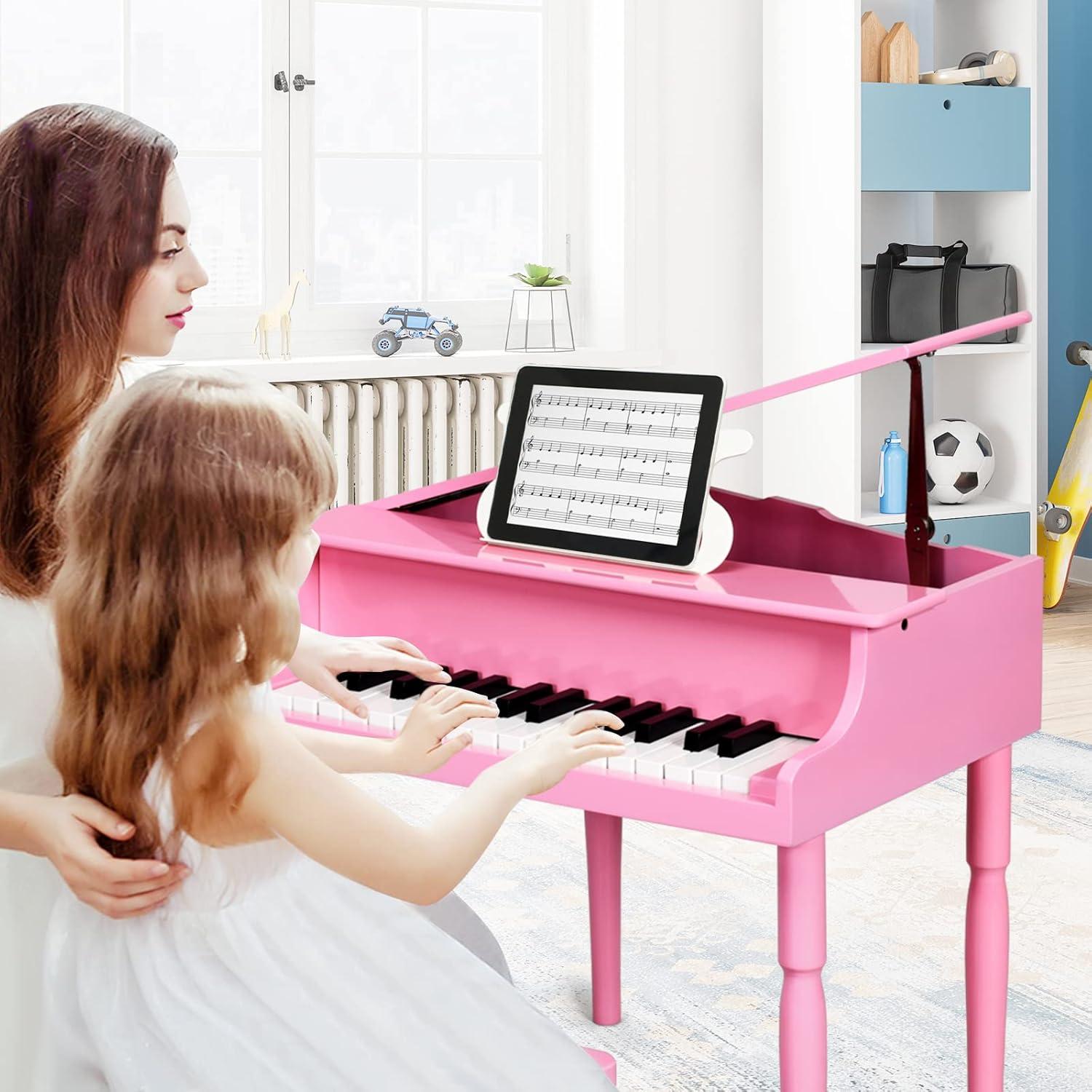 Costway 30-Key Classic Baby Grand Piano Toddler Toy Wood w/ Bench & Music Rack Pink