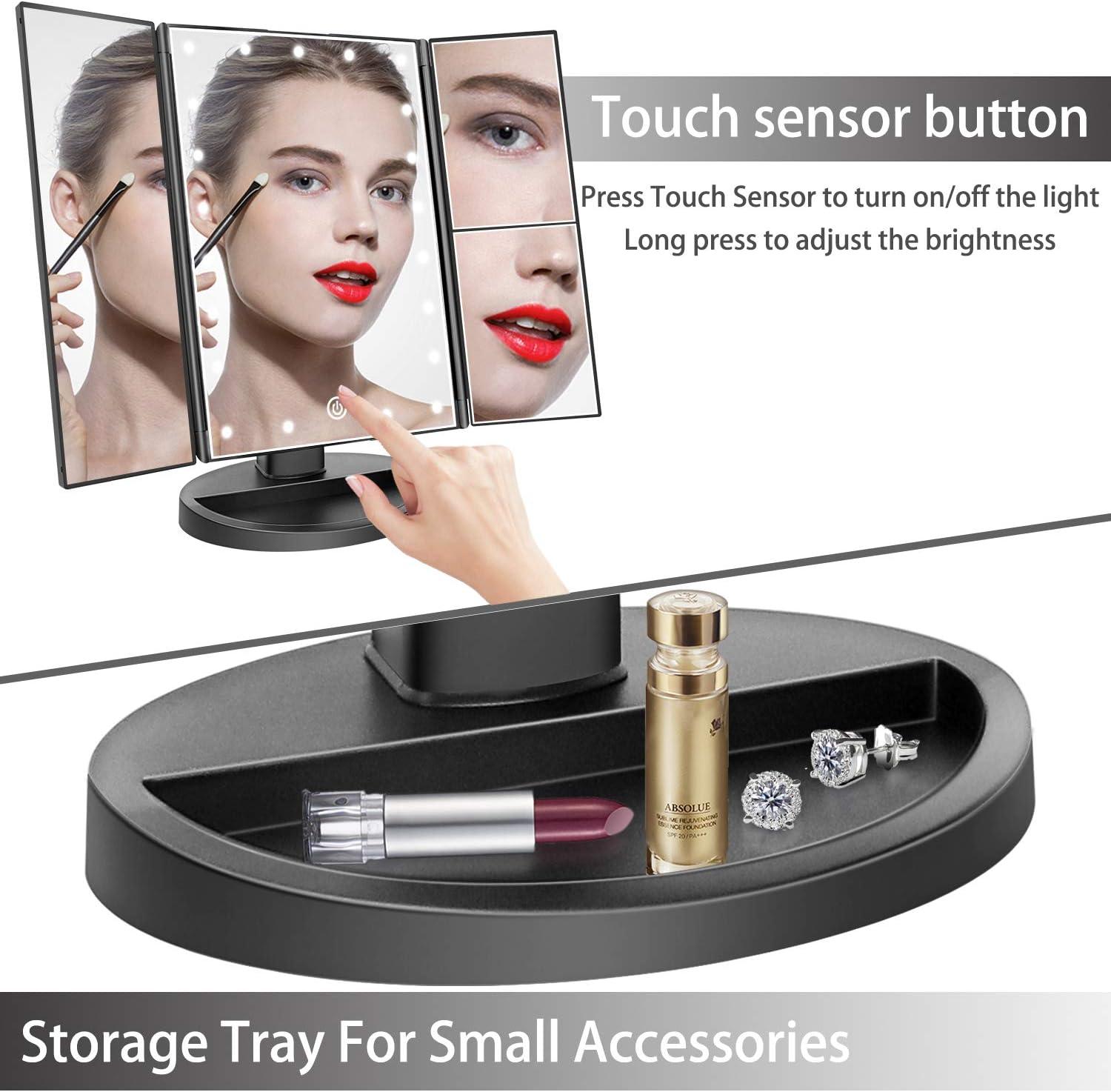 Black ABS Trifold Lighted Vanity Mirror with Magnification