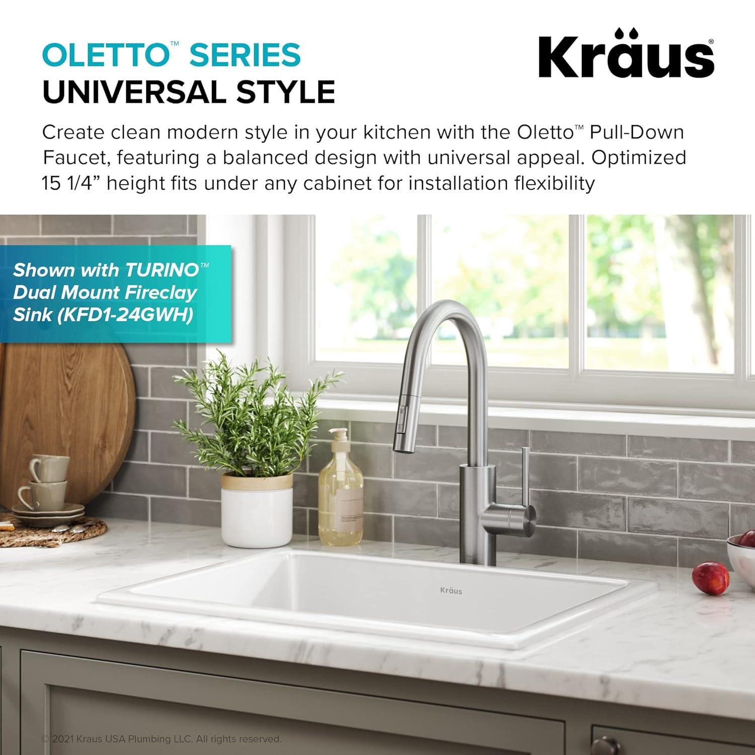 KRAUS Oletto Single Handle Pull Down Kitchen Faucet with QuickDock Top Mount Installation Assembly