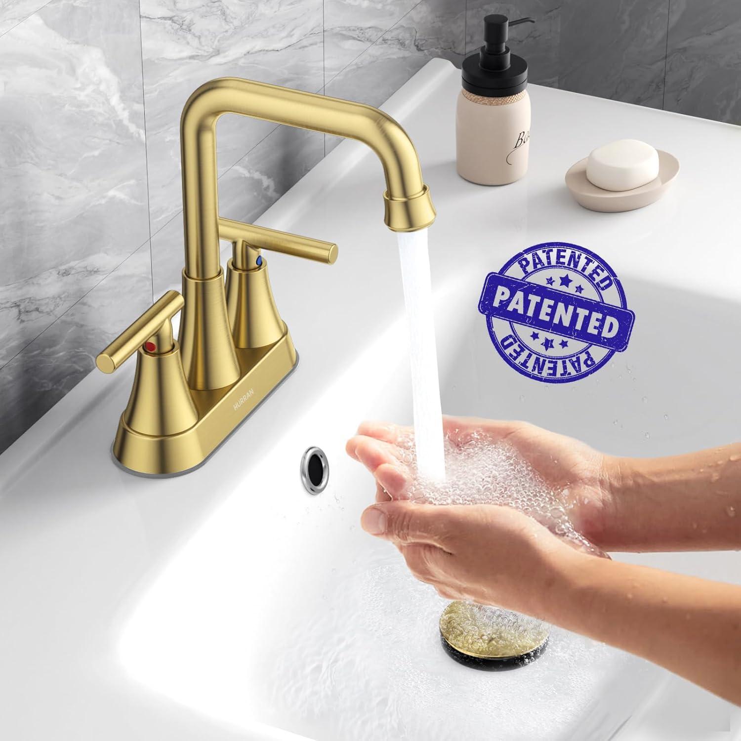 Bathroom Sink Faucet, Hurran 4 inch Brushed Gold Bathroom Faucets for Sink 3 Hole with Pop-up Drain and Supply Hoses, 360 Swivel Spout 2-Handle Centerset Faucet for Vanity RV Farmhouse