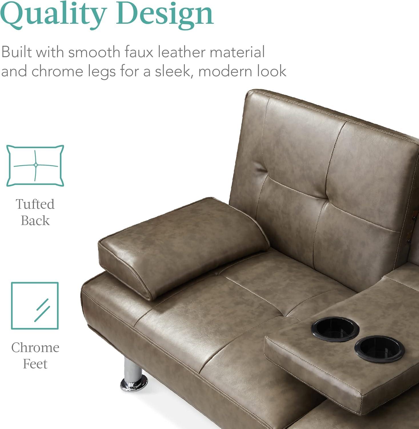 Best Choice Products Modern Faux Leather Convertible Futon Sofa w/ Removable Armrests, 2 Cupholders - Gray