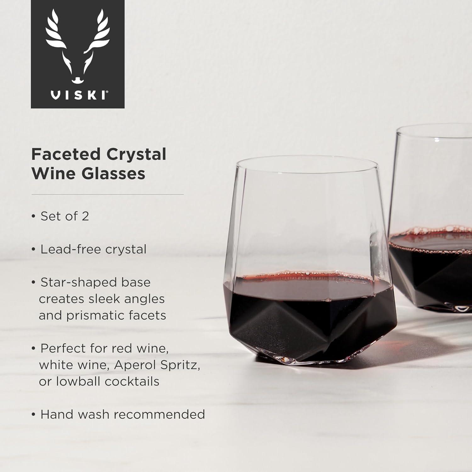 Viski Raye Faceted Crystal Wine Glasses Set of 2 - Premium Crystal Clear Glass, Modern Stemless, Wine Glass Gift Set, 20 oz