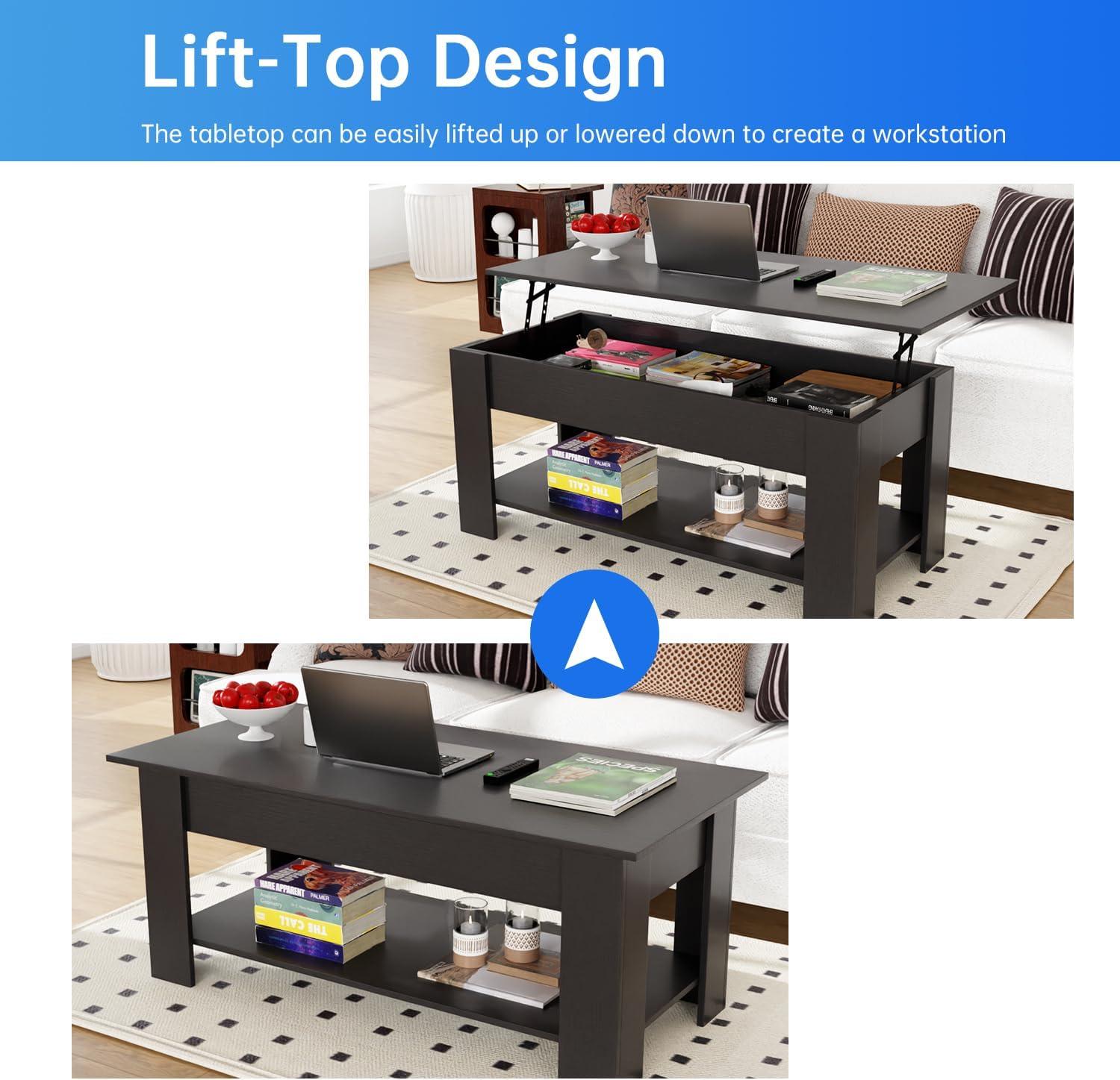 FDW Coffee Table Lift Top Coffee Tables with Hidden Compartment and Storage Shelf Wooden Lift Tabletop Dining Table for Living Room Home (Black)