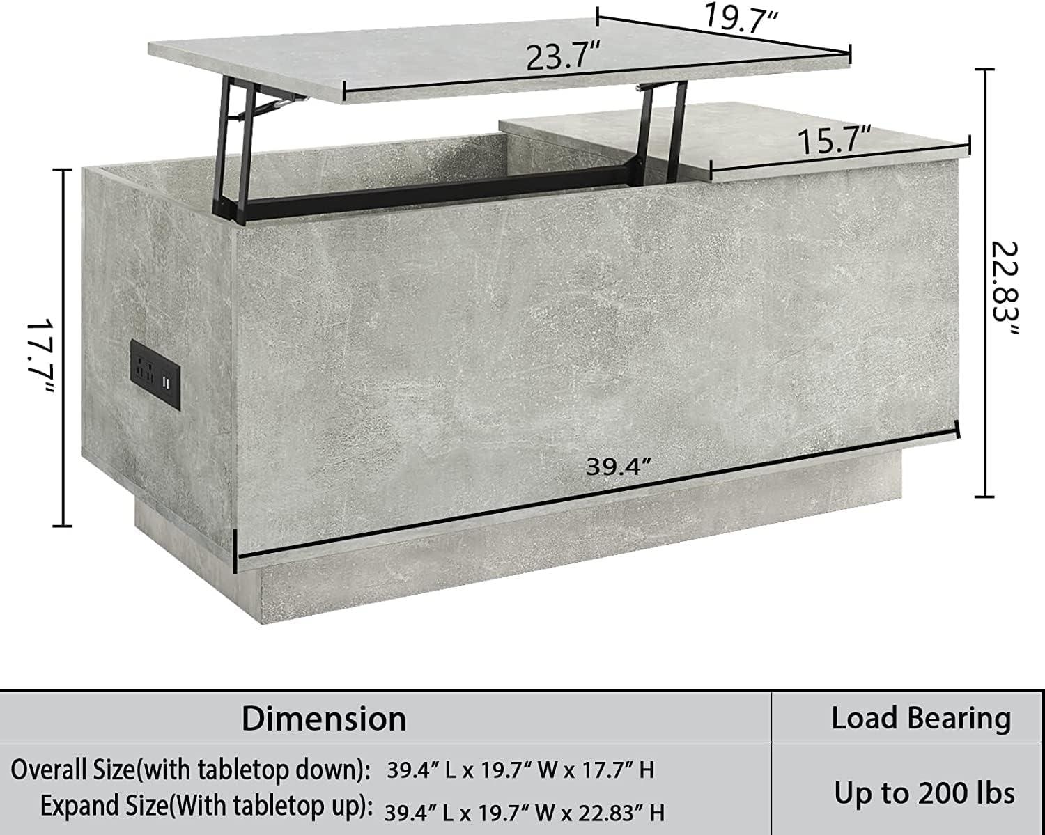 Grey Lift-Top Coffee Table with LED Lights and Storage