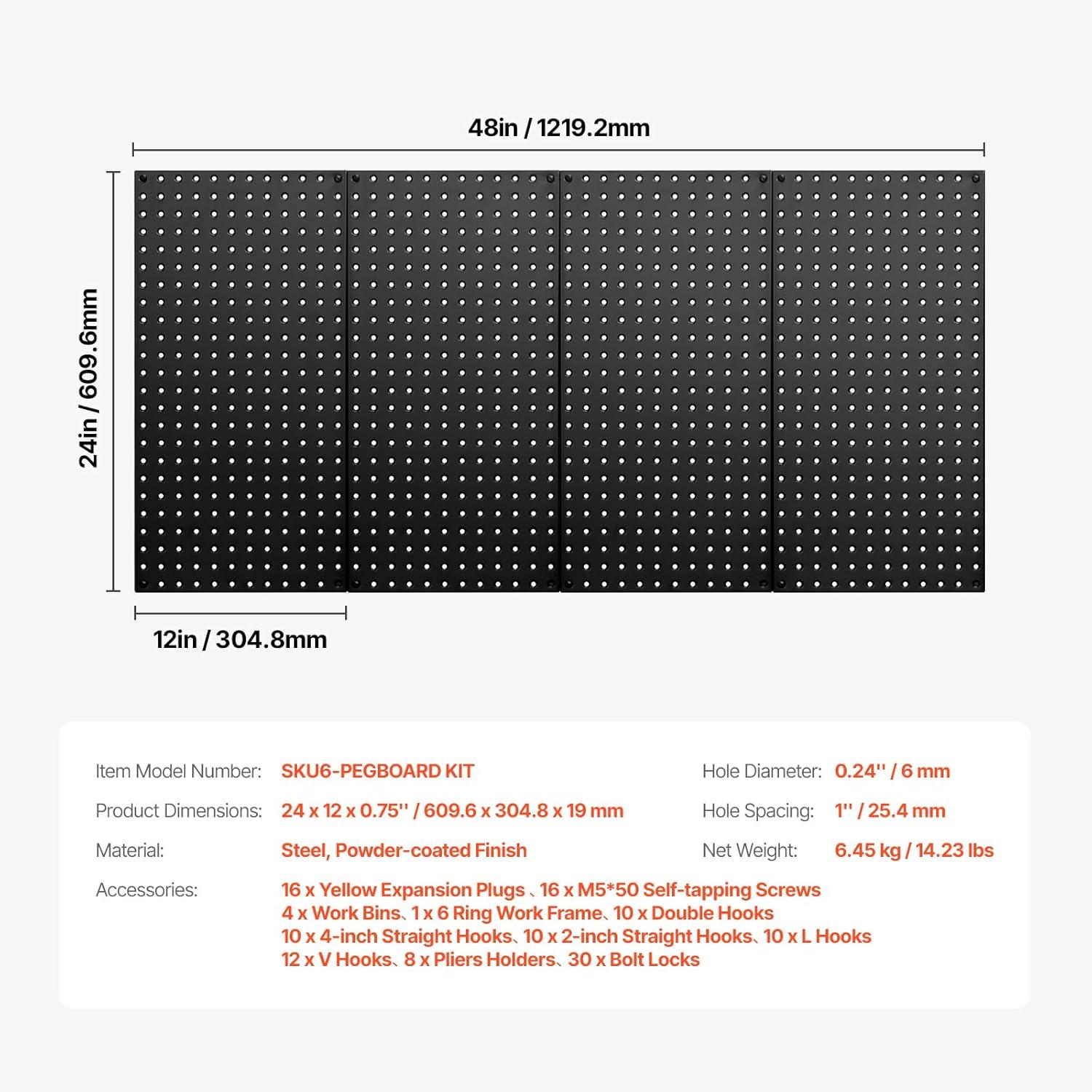 VEVOR Metal Pegboard Panels, 24" x 12" Pegboard, 4 Panels, Heavy Duty Peg Board Wall Organizer with Accessories, for Living Room Garage Tool Storage Office Organization Craft Room Kitchen Home, Black