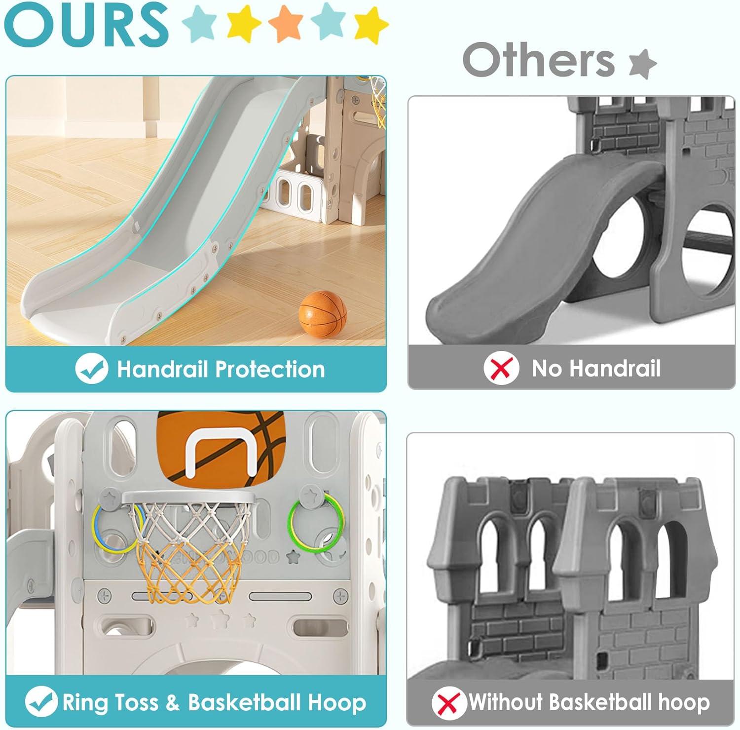 9-in-1 Beige and Gray Toddler Playset with Slide and Basketball Hoop