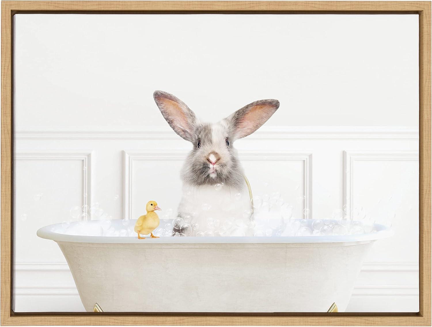 Kate & Laurel All Things Decor 18"x24" Sylvie Bunny in Bubble Bath Framed Canvas by Amy Peterson Natural: Contemporary Wall Decor