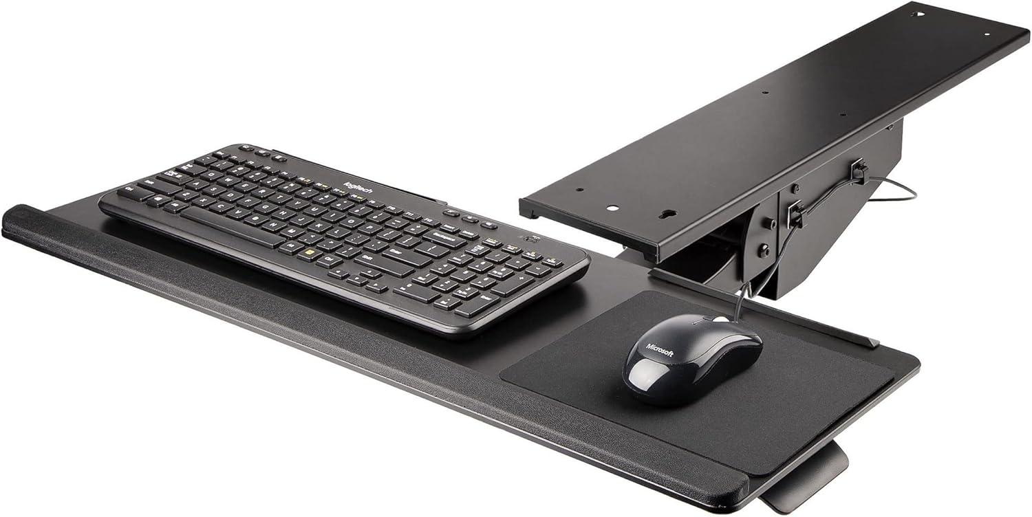 StarTech.com Under Desk-Mount Keyboard Tray - 26.4” Wide - Adjustable - Ergonomic Slide-Out Keyboard Shelf with Tilt and Swivel (KBTRAYADJ), Black