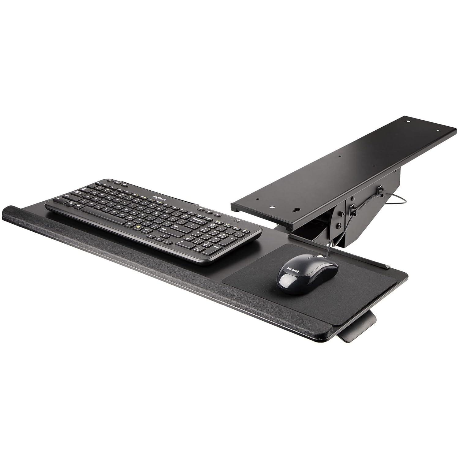 StarTech.com Under Desk-Mount Keyboard Tray - 26.4” Wide - Adjustable - Ergonomic Slide-Out Keyboard Shelf with Tilt and Swivel (KBTRAYADJ), Black
