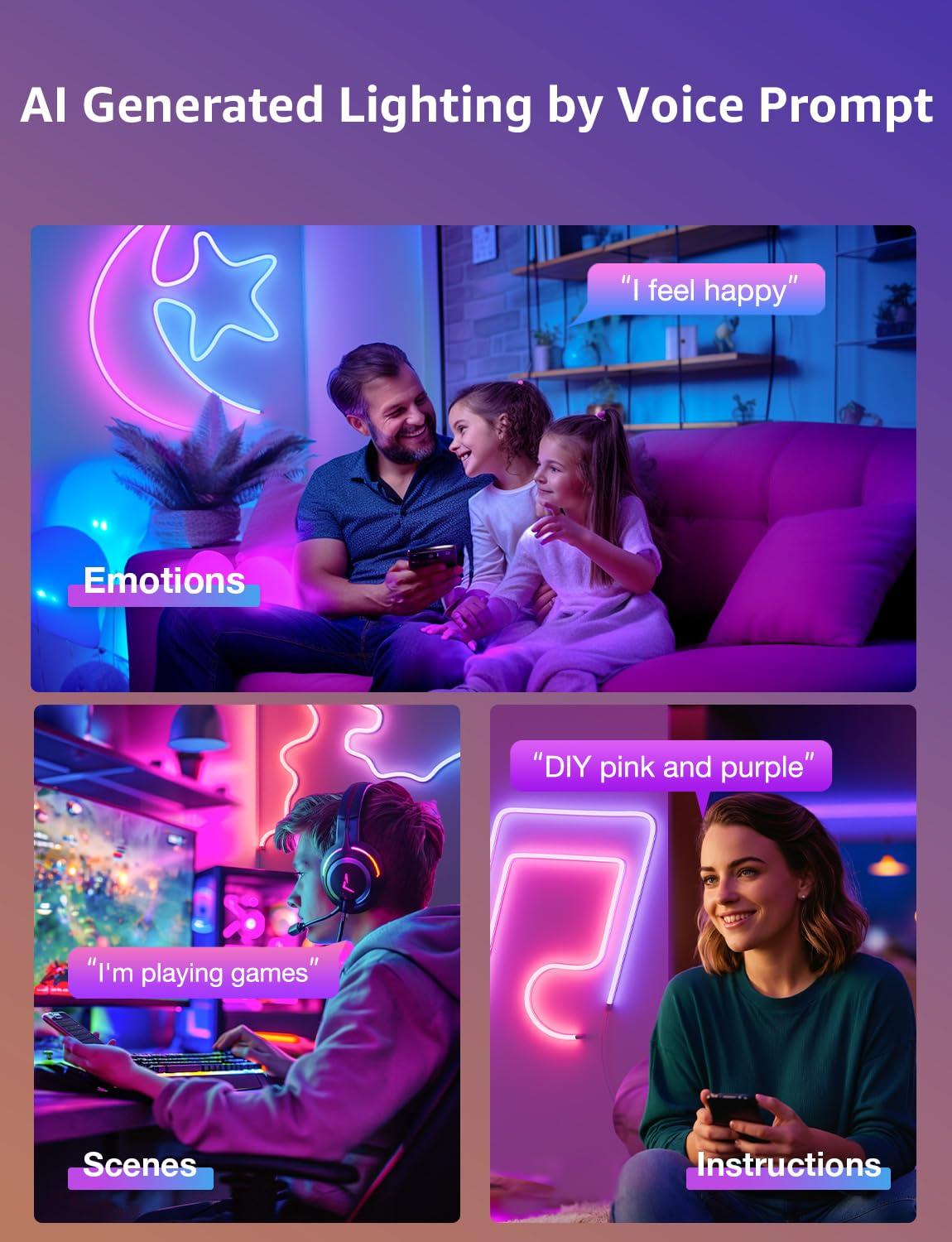 Lepro Lepro N1 AI Smart RGB Rope Lights, LLM AI Generated Lighting, LightBeats Music Sync, Color Segment DIY, Voice Control Via App, Wi-Fi & Bluetooth LED Strip Lights (Set of 6)