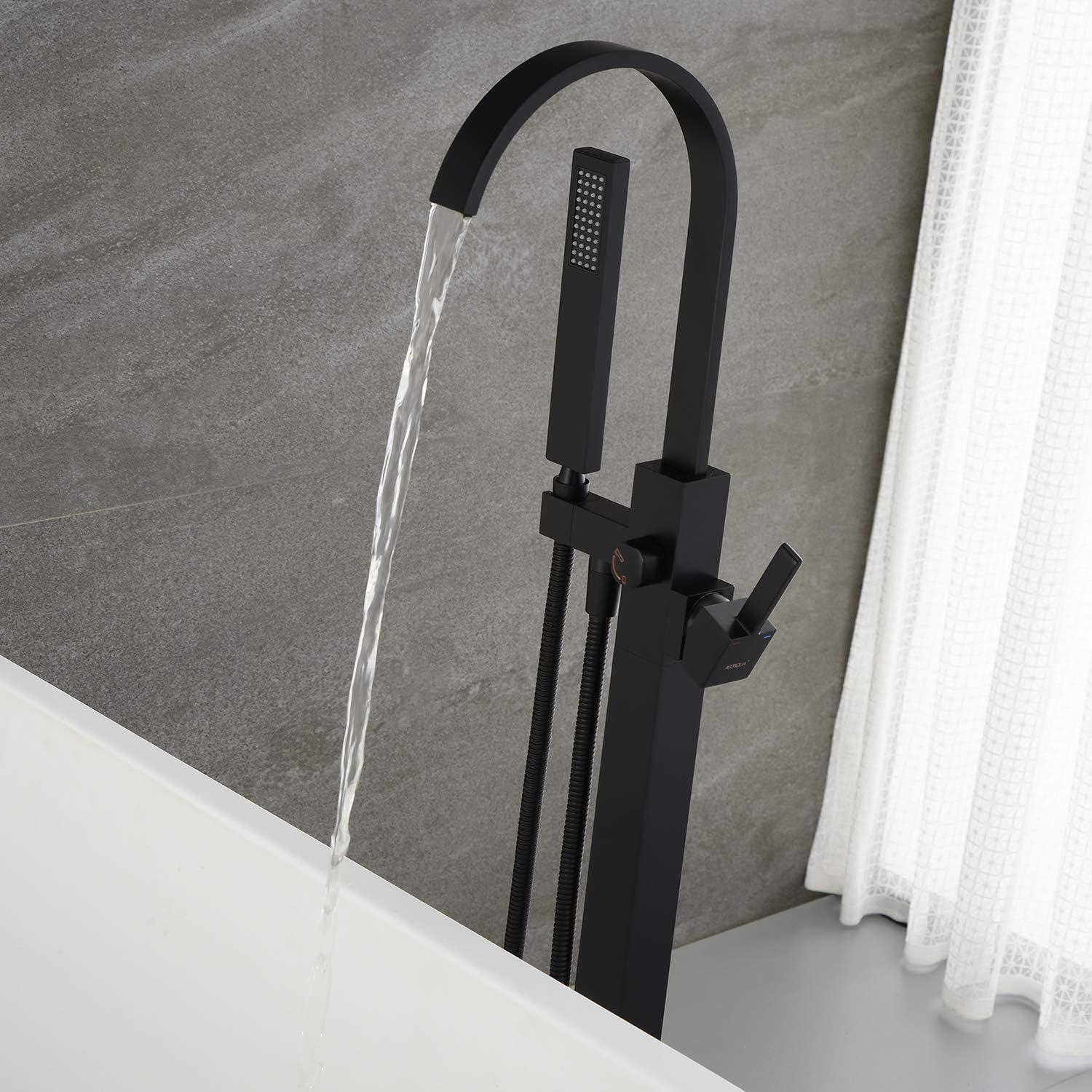 Matte Black Freestanding Floor Mount Tub Faucet with Hand Shower