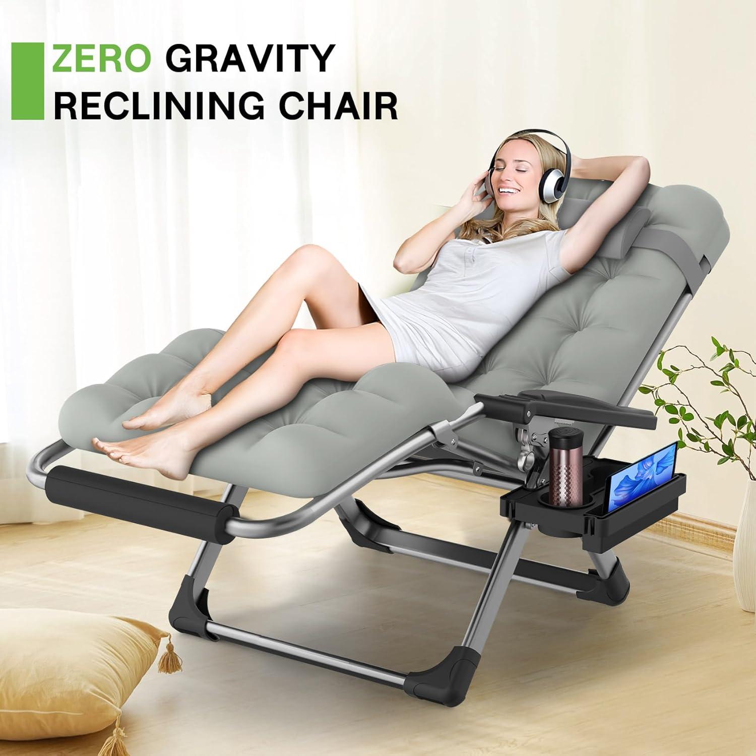 ZENPETIO 29In XL Zero Gravity Chair w/Cushion, Zero Gravity Recliner Lounge Chair for Indoor and Outdoor, Reclining Camping Chair for Lawn, Anti Gravity Chair with Cup Holder and Footrest, 440LBS