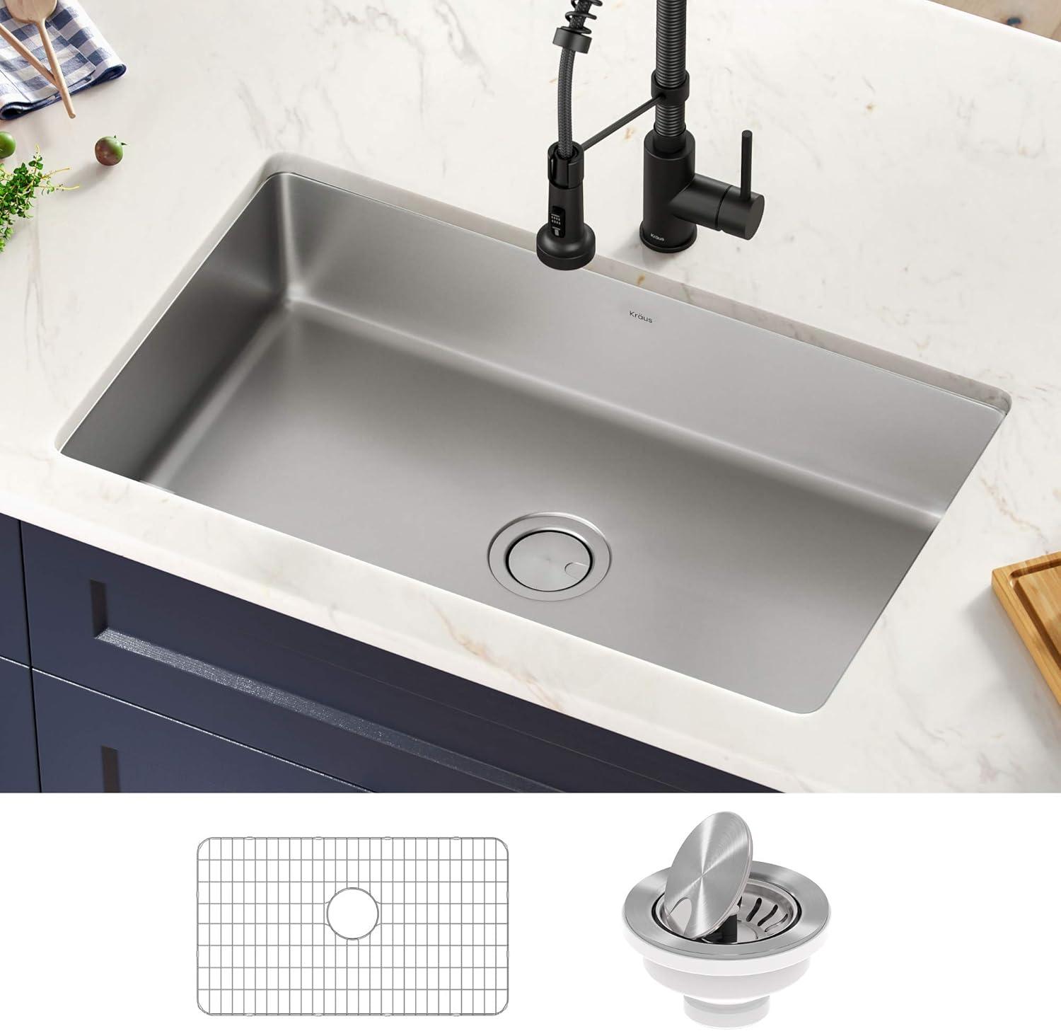 Dex™️ Series KRAUS 32" L Undermount 16 Gauge Stainless Steel Single Bowl Kitchen Sink