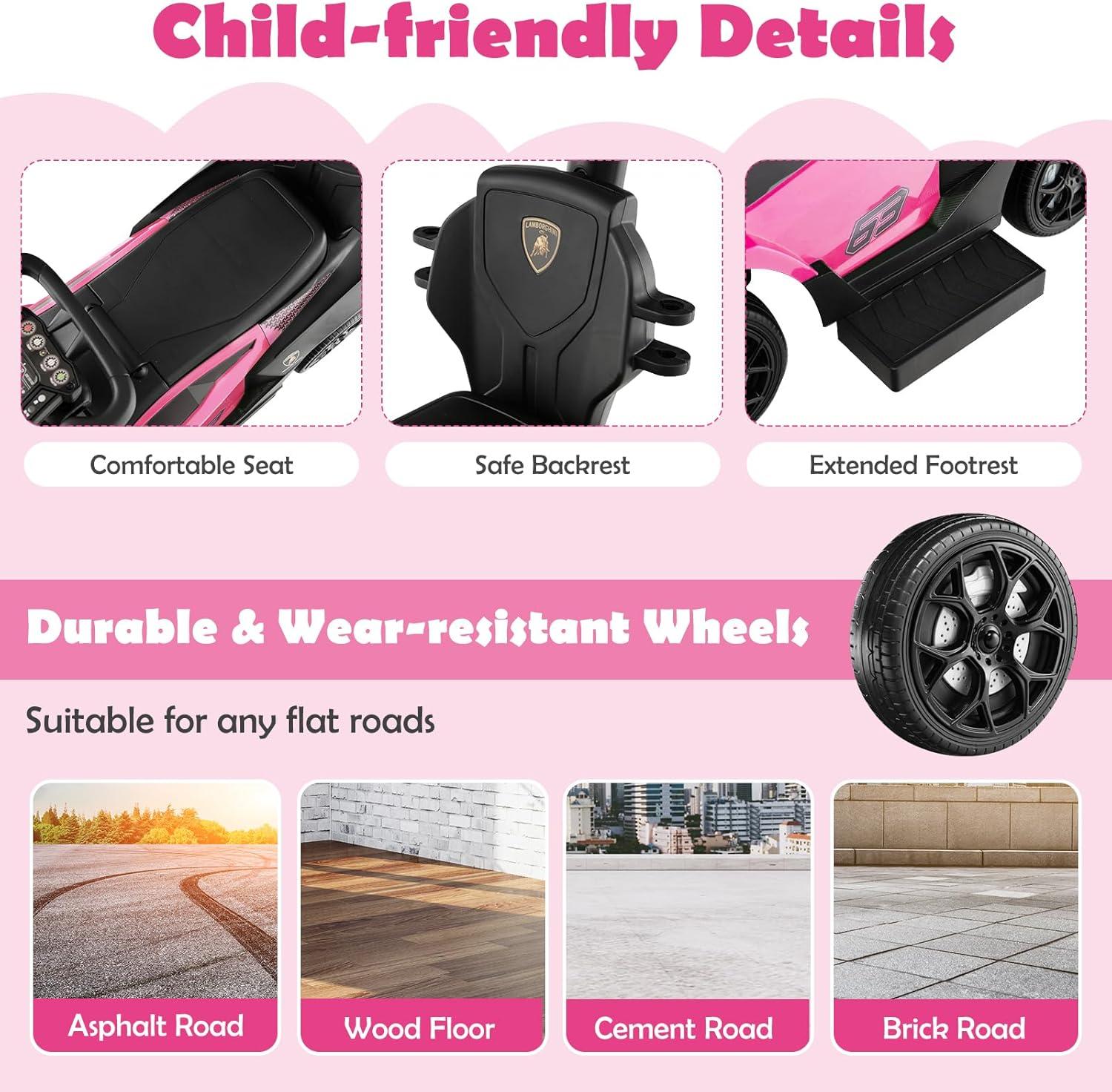 Costway 3-in-1 Licensed Lamborghini Ride on Push Car Stroller Sliding Car w/ Sound Pink
