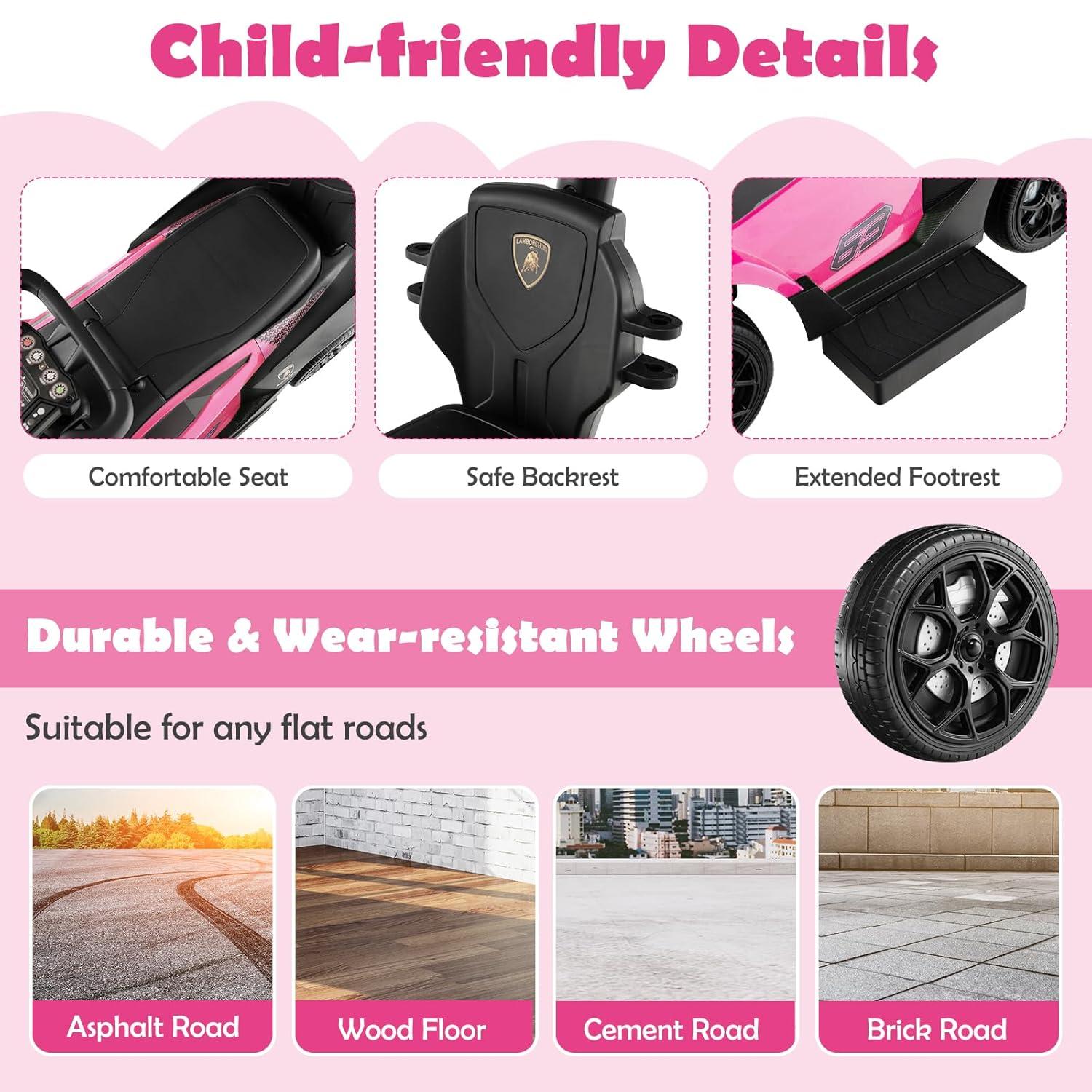 Costway 3-in-1 Licensed Lamborghini Ride on Push Car Stroller Sliding Car w/ Sound Pink