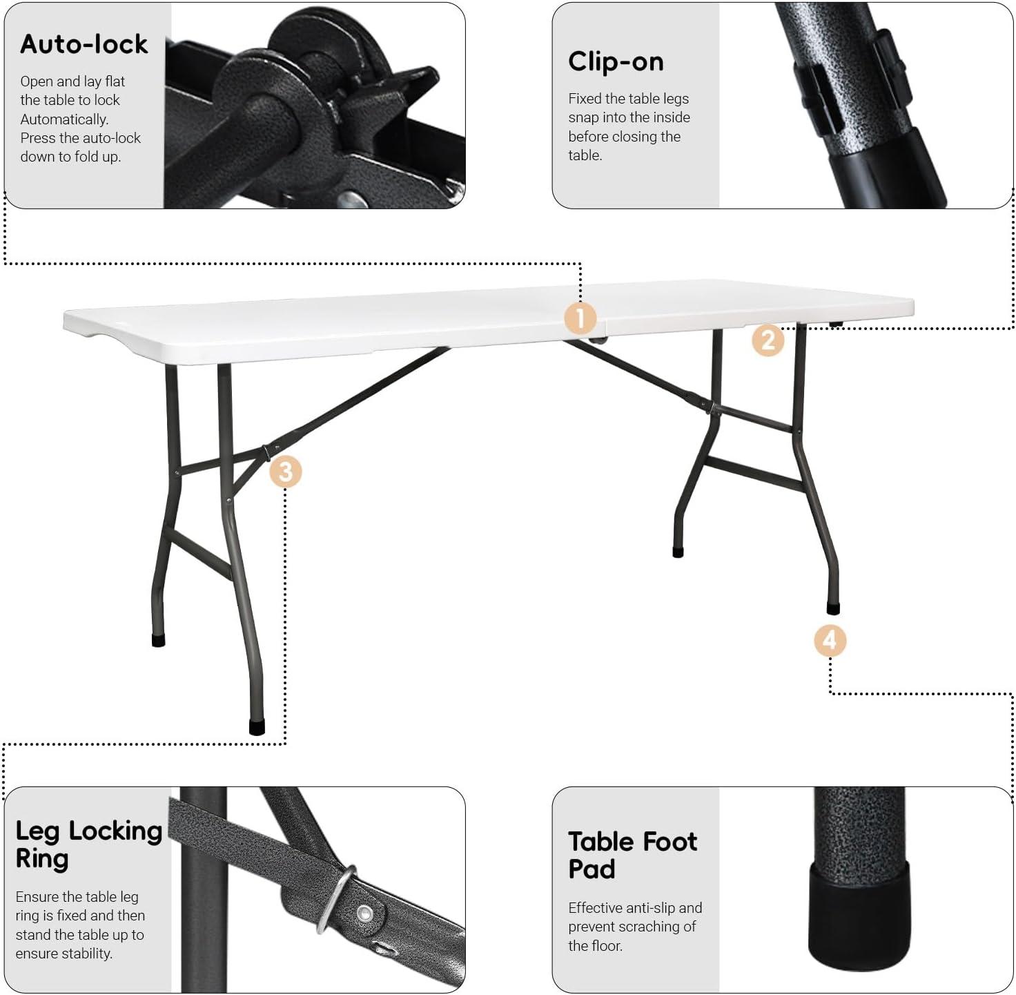 6-Foot White HDPE Foldable Dining Table with Alloy Steel Legs