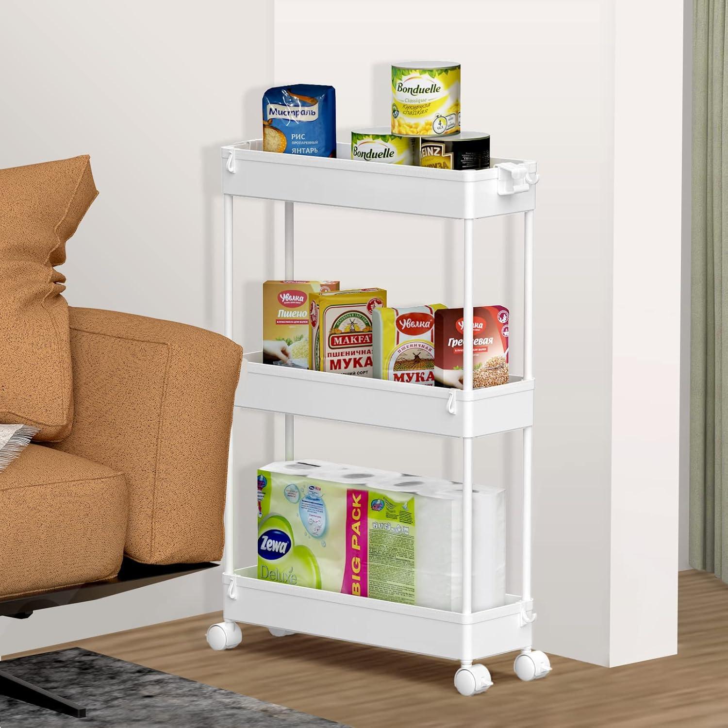 3 Tier Bathroom Rolling Utility Cart Storage, White