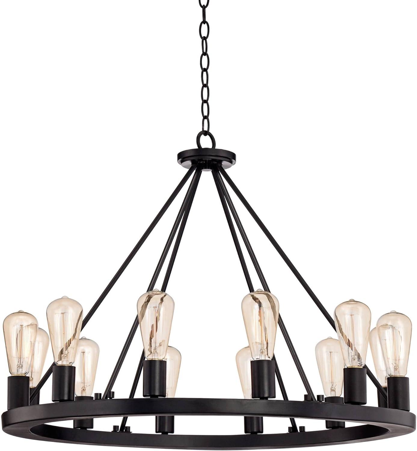 Franklin Iron Works Lacey Black Wagon Wheel Chandelier 28" Wide Industrial 12-Light LED Fixture for Dining Room House Foyer Kitchen Island Entryway