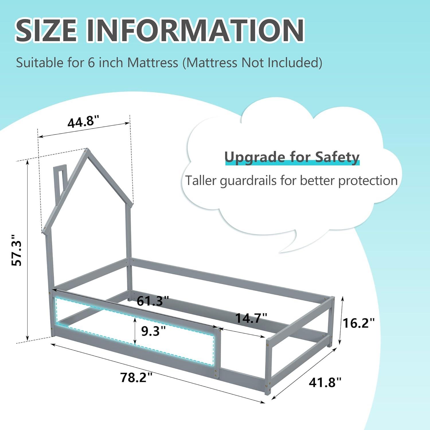Twin Size Montessori Toddler Floor Bed Frame, Modern House-Shaped Frame Headboard Bed with Fences, Pine Wood with Full-Length Guardrails, Bed for Girls Boys(Without Slats)