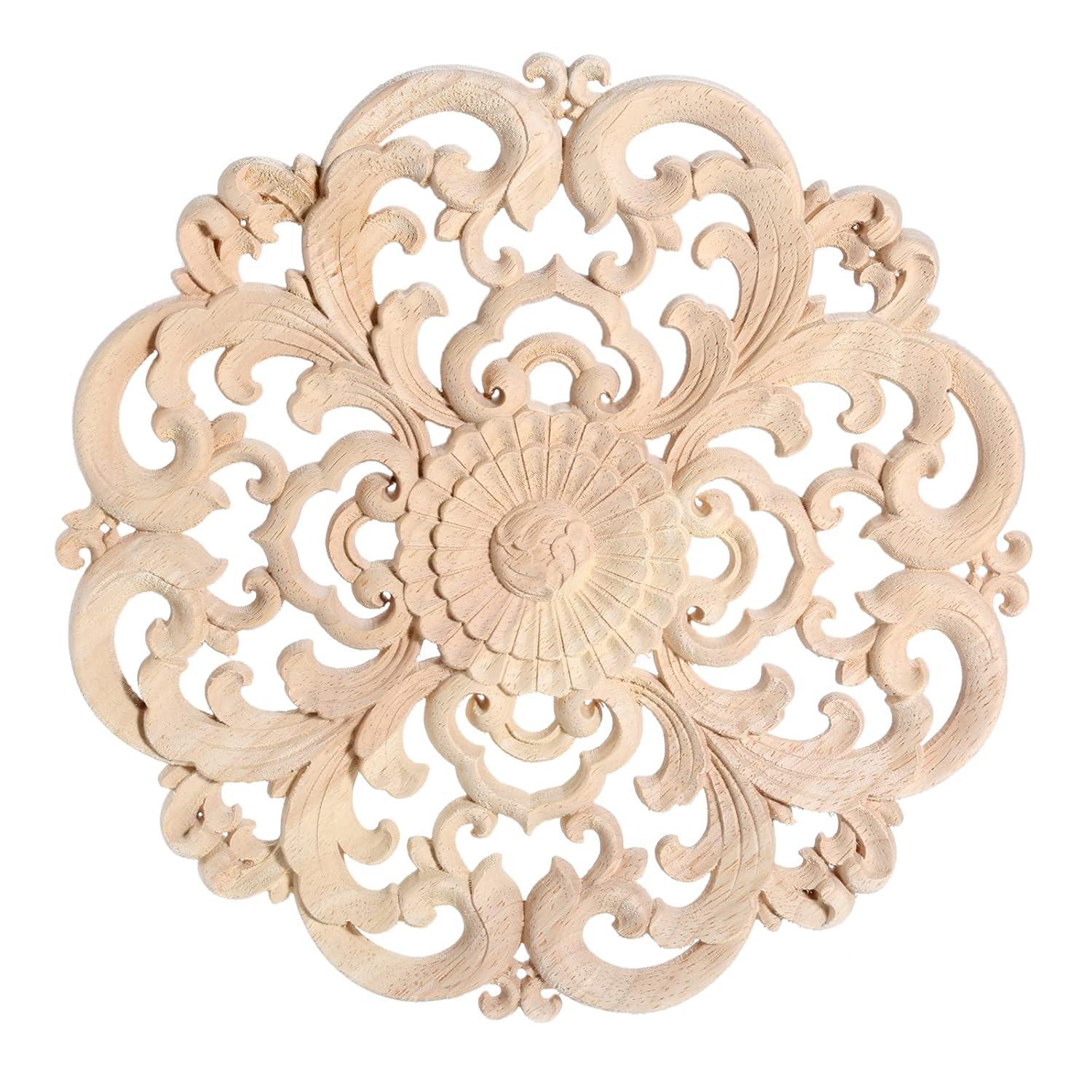 Frcolor Wood Corner Wooden Applique Onlay Furniture Cabinet Carved Decals Flower Unpainted Oval Appliques Diy Onlays Carving