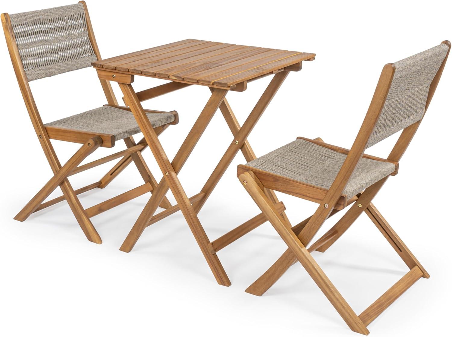 Javea Modern Coastal 3-Piece Acacia Wood Outdoor Folding Bistro Set, Beige/Teak Brown - JONATHAN Y