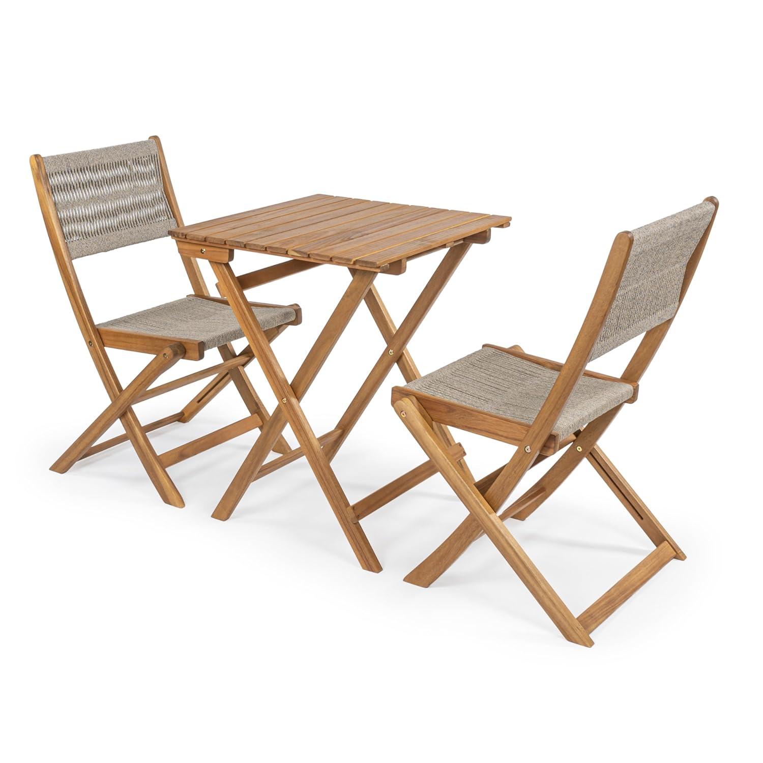 Javea Modern Coastal 3-Piece Acacia Wood Outdoor Folding Bistro Set, Beige/Teak Brown - JONATHAN Y