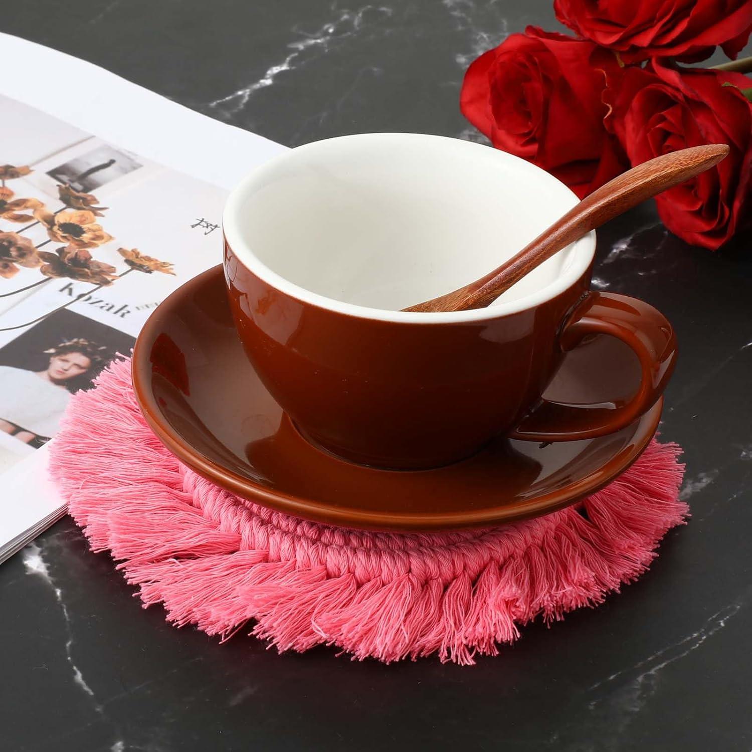 2 Posavasos Bohemios de Macramé para Bebidas, Posavasos Absorbentes con Borla, Posavasos Redondos de Algodón Hechos a Mano de 7 Pulgadas para Mesa de Escritorio, Cocina, Oficina, Hogar, Bar, Protección de Mesa, Regalo de Inauguración de la Casa, Rosa