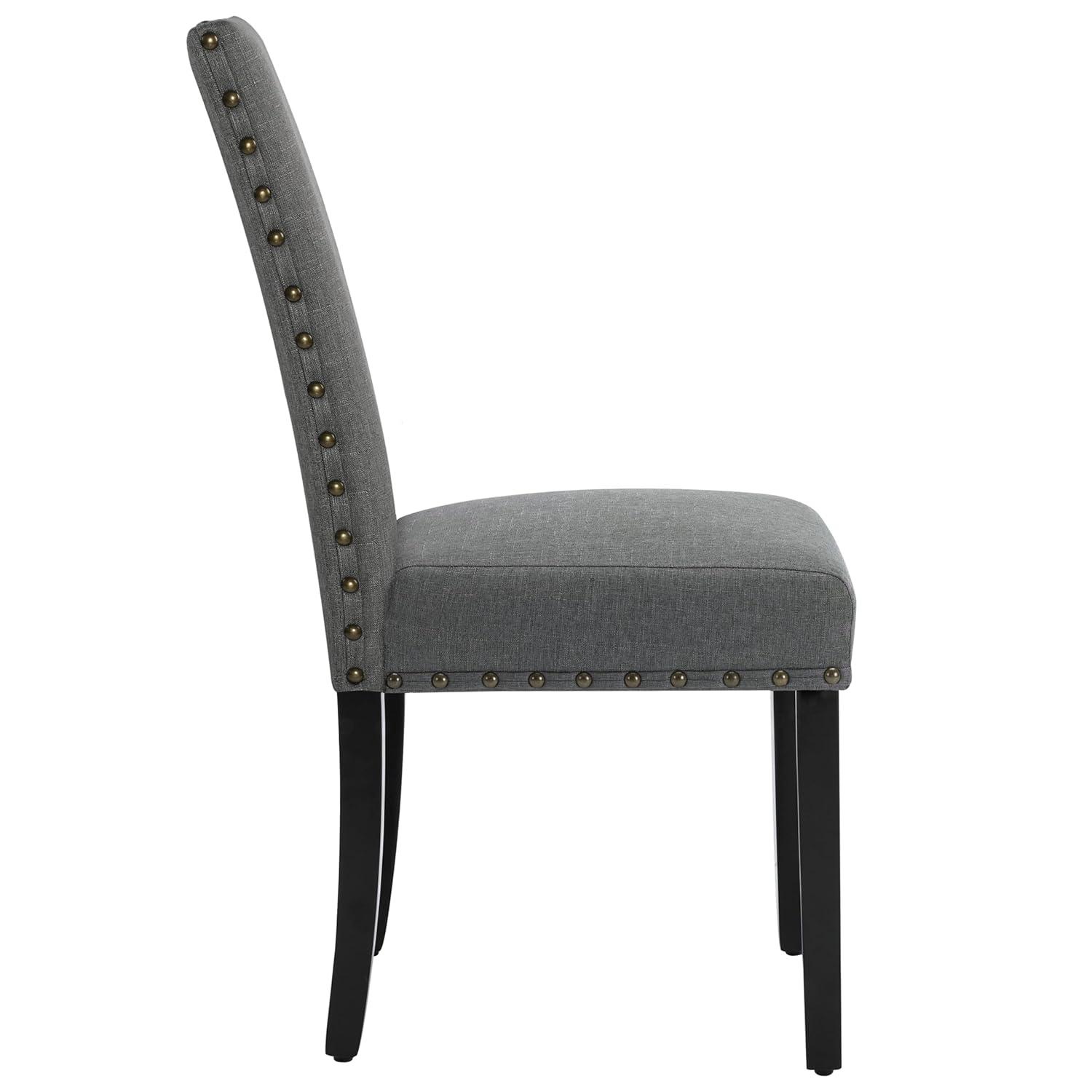 Upholstered Dining Chairs Set pf 2 Studded Parson Chairs with Nailheads and Sturdy Wooden Legs, Grey