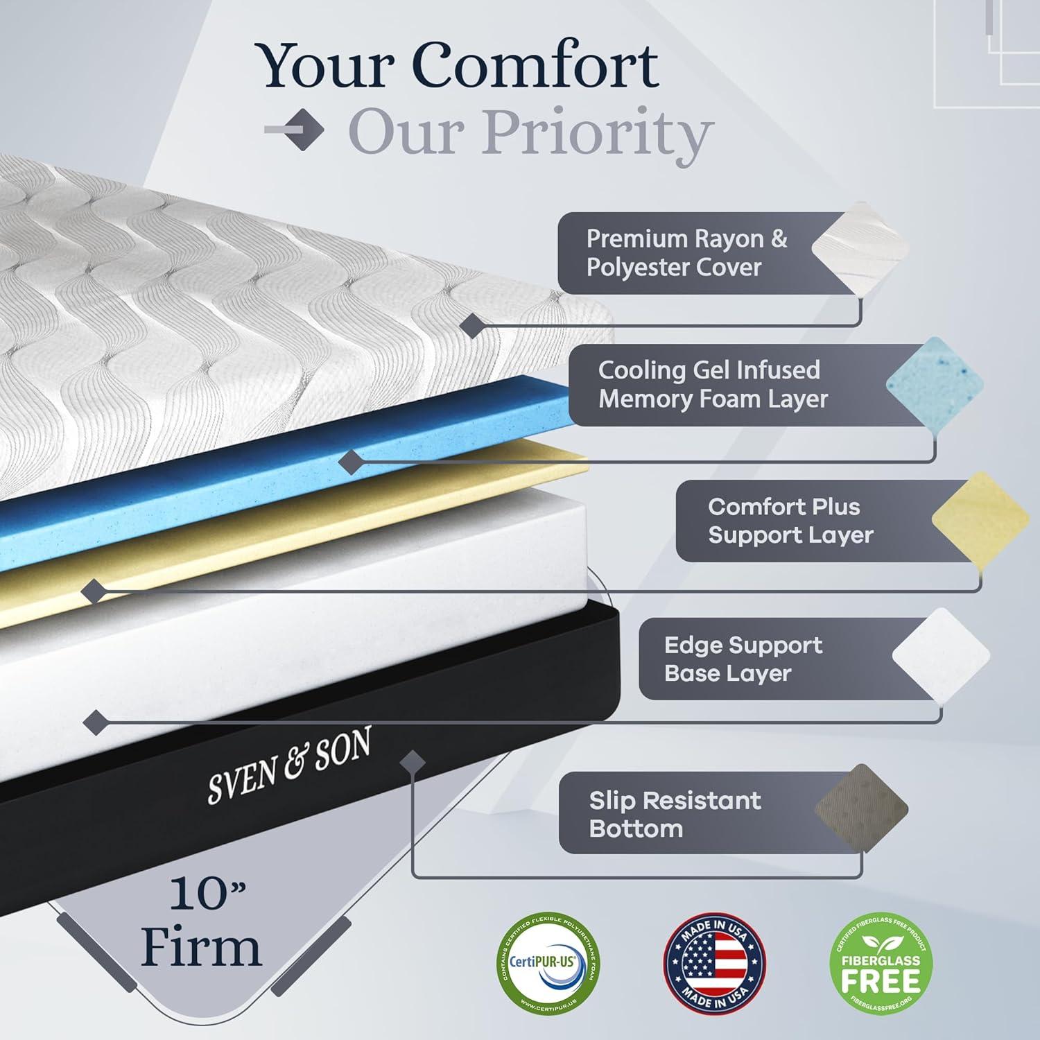 Sven & Son Platinum Adjustable Bed Base (Frame) + 10 in Memory Foam Matt (Firm), Lumbar Support, Head (Pillow) Tilt, Massage, USB - Twin XL