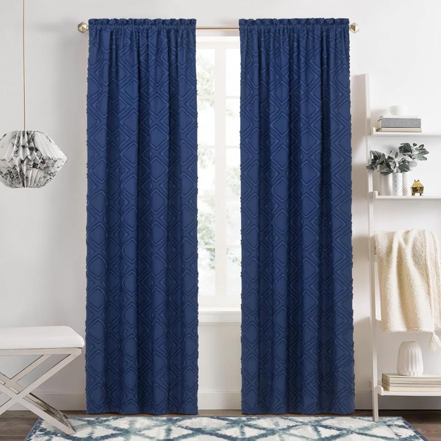 Achim Blake Geometric Diamond Rod Pocket Light Filtering Curtain Panel, Navy, 42" x 63"