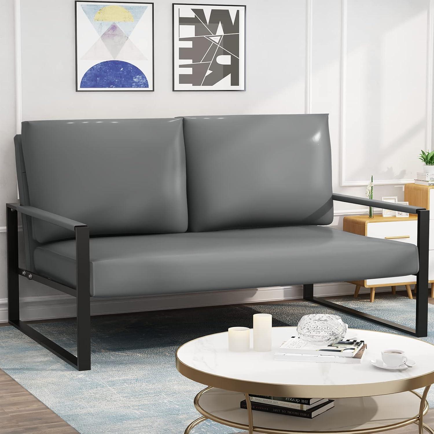 Grey Faux Leather Mid-Century Modern Loveseat with Metal Frame