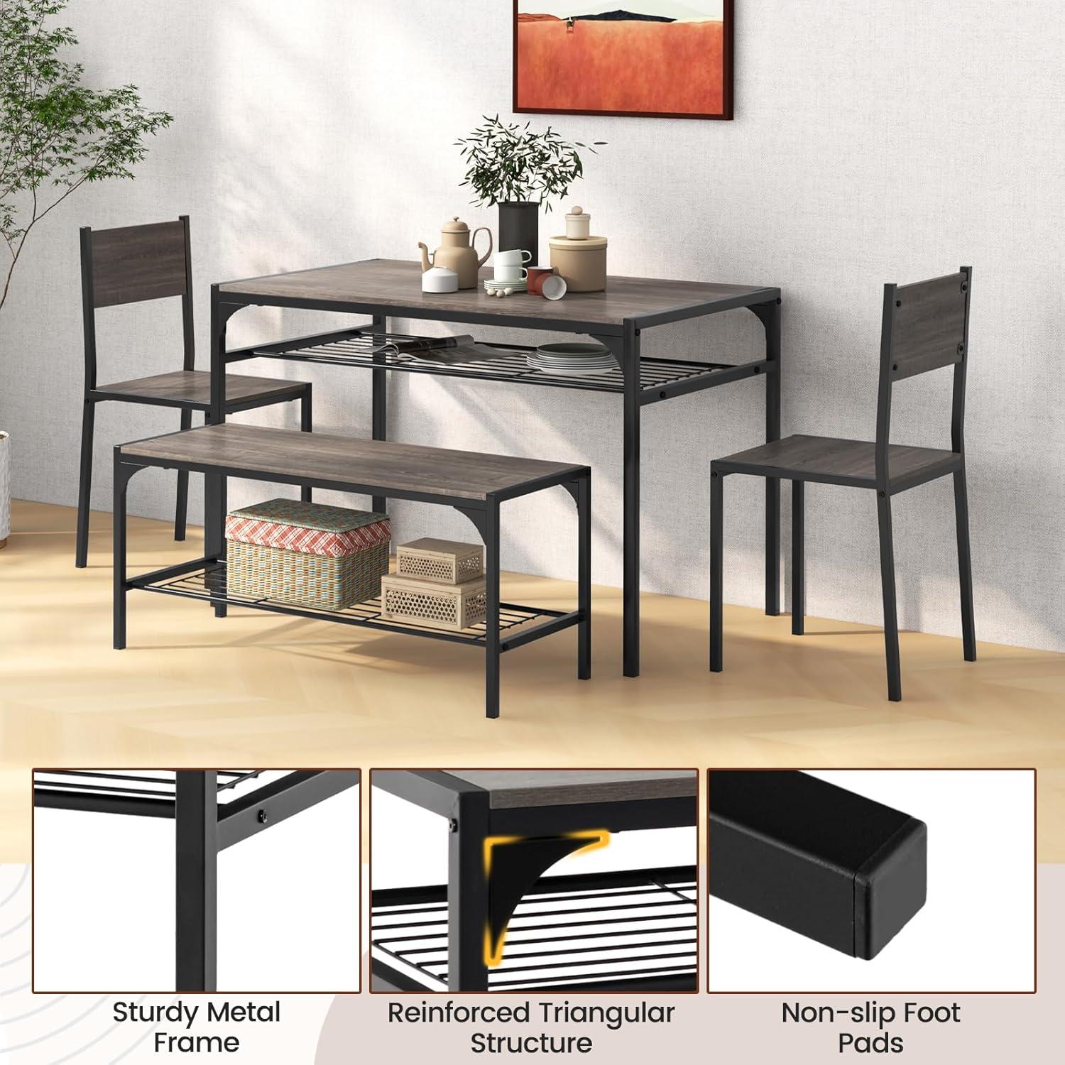 Costway 4 PCS Dinette Set for Small Place Breakfast Nook Modern Dining Table with 2 Chairs Grey