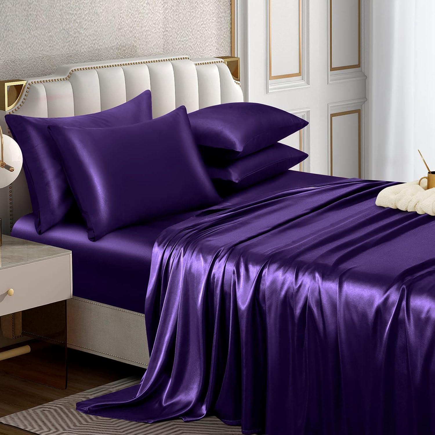 Hight Thread Count Solid Color Soft Silky Charmeuse Satin Luxury and Super Soft Bed Sheet Set (Purple, Queen)
